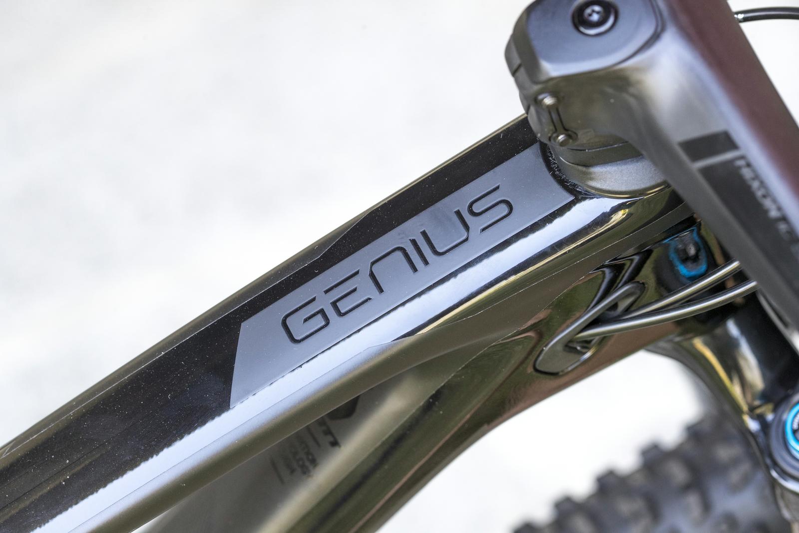 Scott Genius: Close-up view of a bicycle frame featuring the word "GENIUS" elegantly embossed on a glossy black surface. The image shows part of the bicycle's structural components.