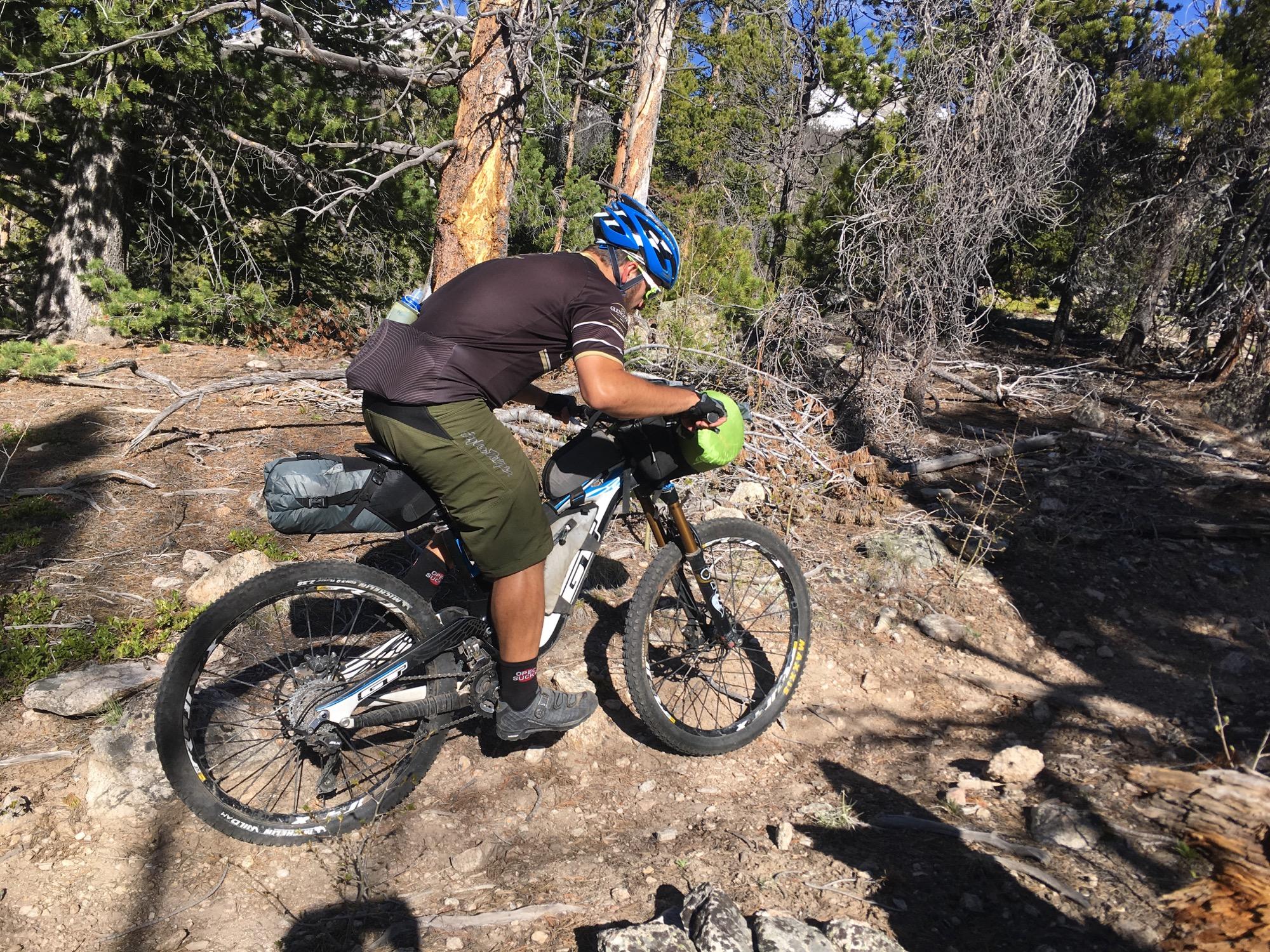 A cyclist navigating a rugged forest trail, wearing a blue helmet and cycling gear, with a backpack secured to the bike. The path is surrounded by trees and scattered rocks, indicating an adventurous outdoor setting. Colorado Trail: Mt. Shavano thd to Chalk Creek thd mountain bike trail.