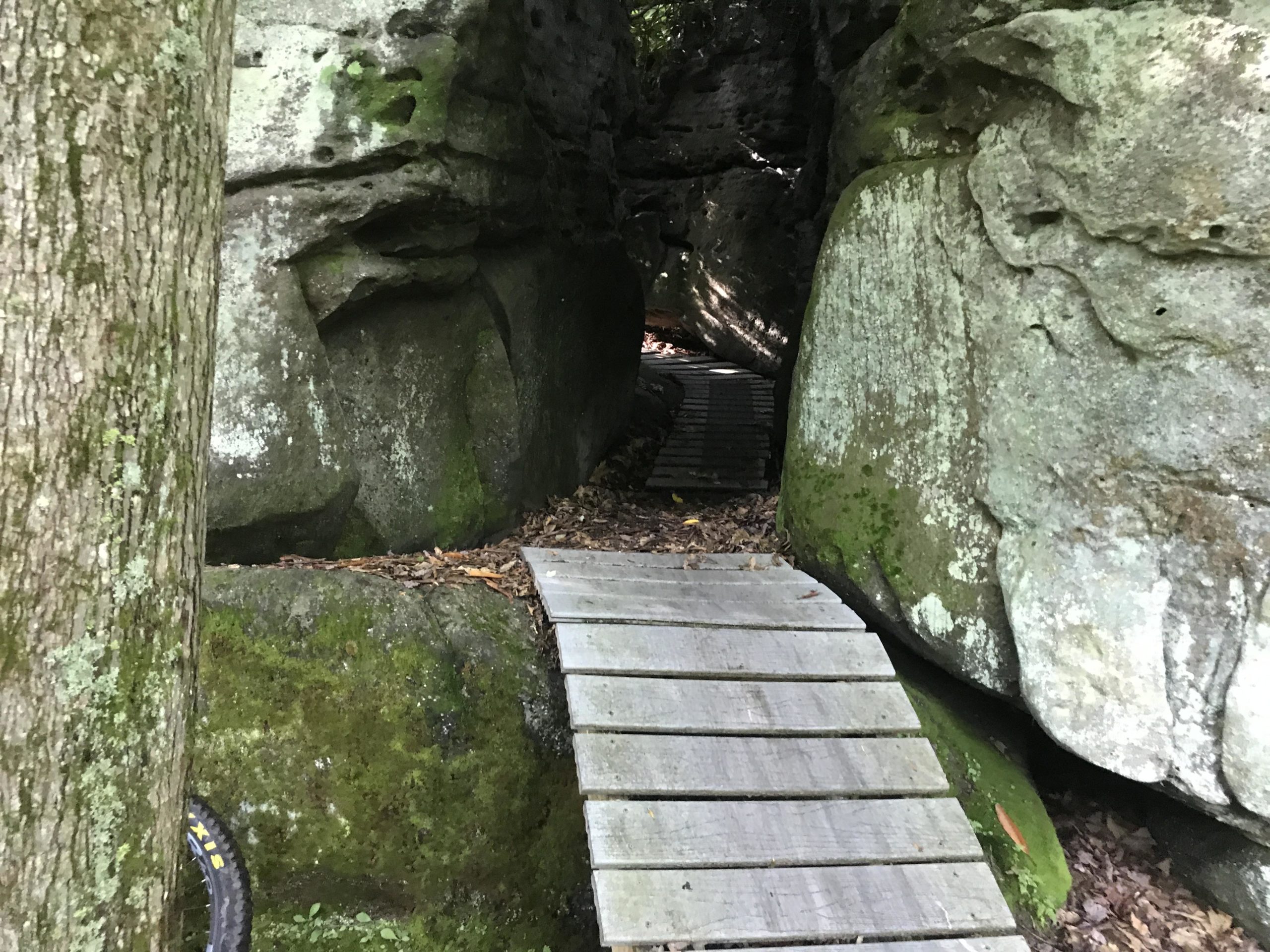 A narrow path made of wooden planks leads through a rocky passageway, surrounded by large moss-covered stones and trees. The scene is shaded by foliage, creating a natural, serene environment. Big Bear Lake Trail Center mountain bike trail.