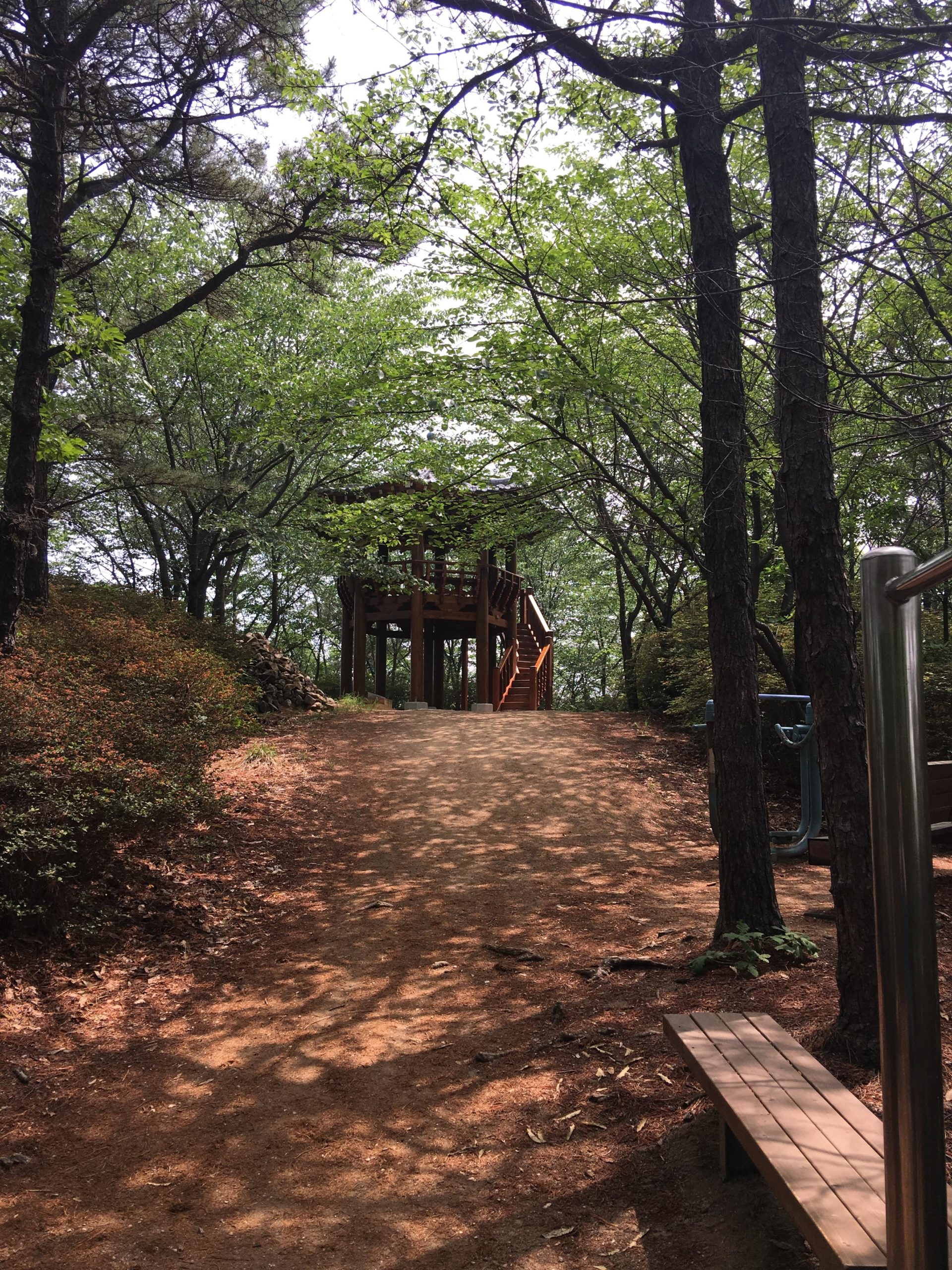 A dirt path leading uphill through a wooded area, surrounded by lush green trees. At the top of the path, there is a wooden structure resembling a lookout or play area, with steps leading up to it. A bench is visible on the right side of the path, and sunlight filters through the leaves, creating a serene outdoor scene. Buraksan mountain bike trail.