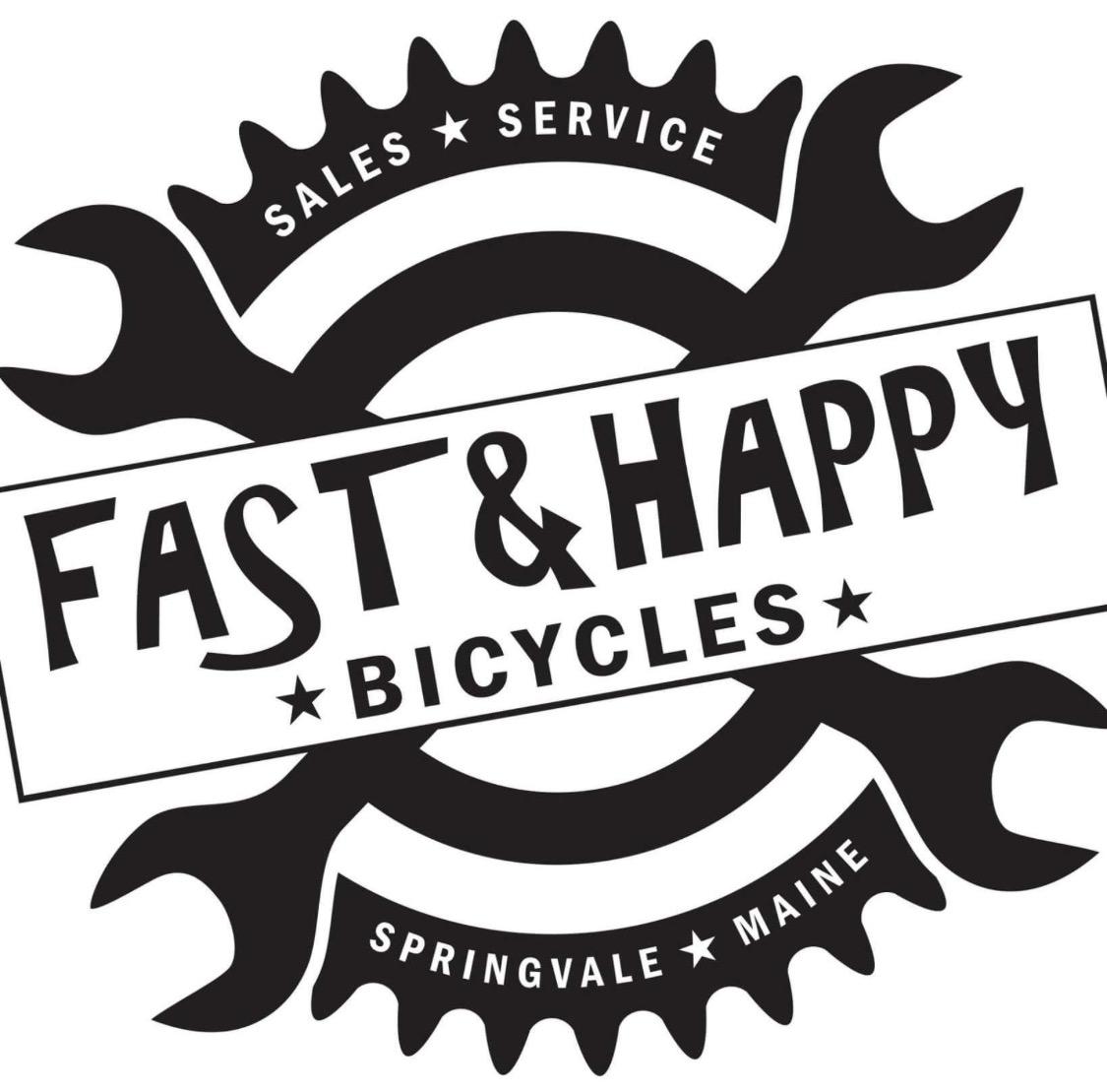 Black and white logo for "Fast & Happy Bicycles," featuring a gear and wrench design. The text includes "Sales," "Service," and "Springvale, Maine."