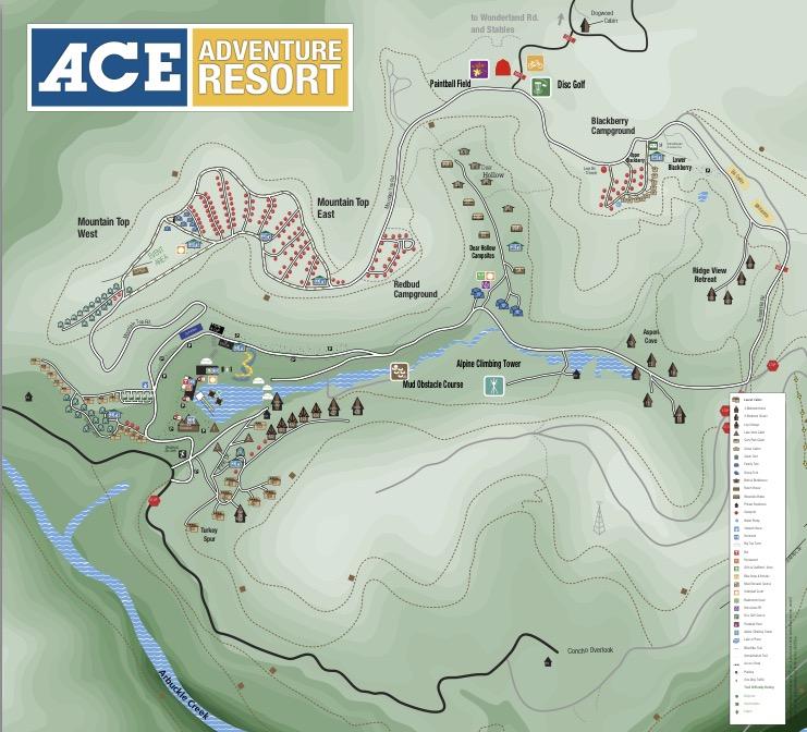 Map of ACE Adventure Resort, showing various facilities and activities available, including campgrounds, paintball field, disc golf, and climbing tower. Landforms are represented with contour lines, and key locations are marked with symbols for easy navigation. Thurmond Mountain Trail mountain bike trail.