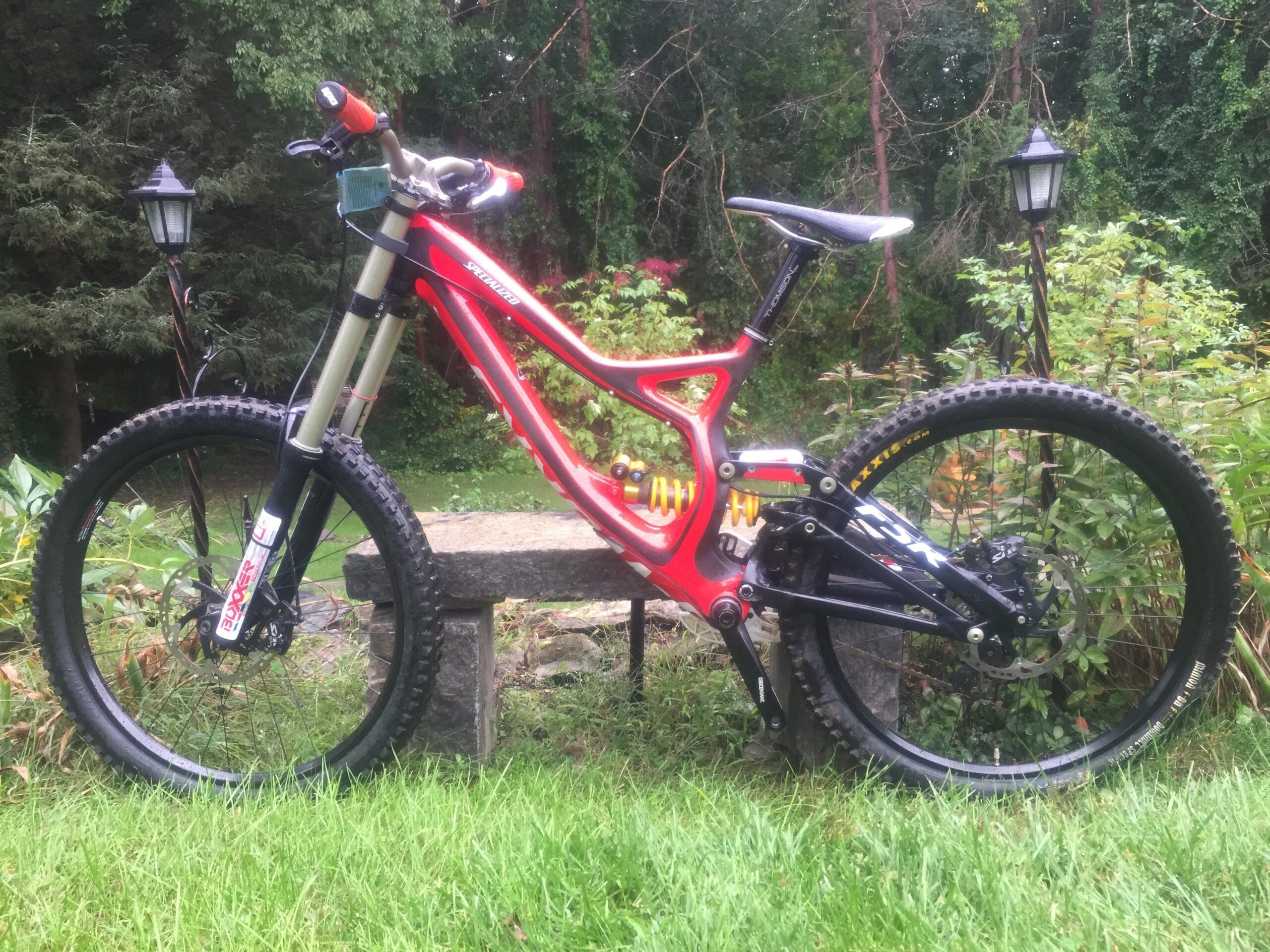 Specialized S-Works Demo 8 Carbon: A mountain bike with a red and black frame is positioned on a grassy area next to a stone bench, surrounded by greenery and trees. The bike features thick tires and a front suspension fork, indicating it's designed for off-road use. In the background, there are two lamp posts adding to the scenic setting.
