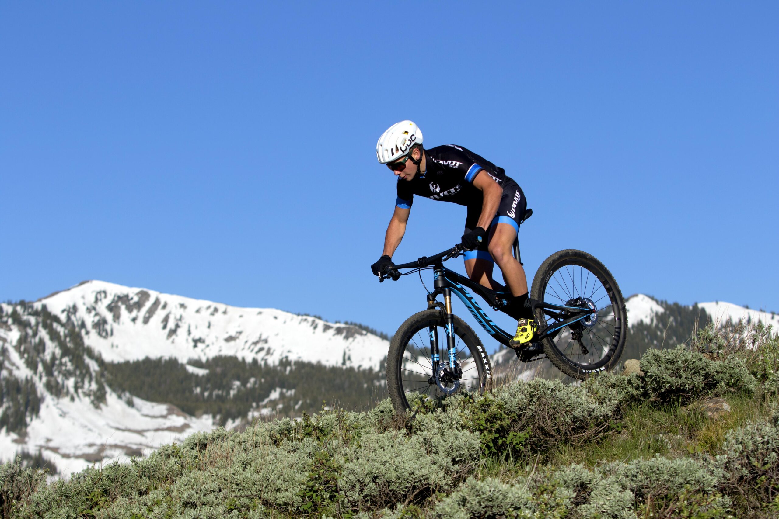 Pivot Mach 4: A mountain biker in a black and blue cycling outfit rides downhill on a rocky trail surrounded by greenery, with snow-capped mountains in the background under a clear blue sky.