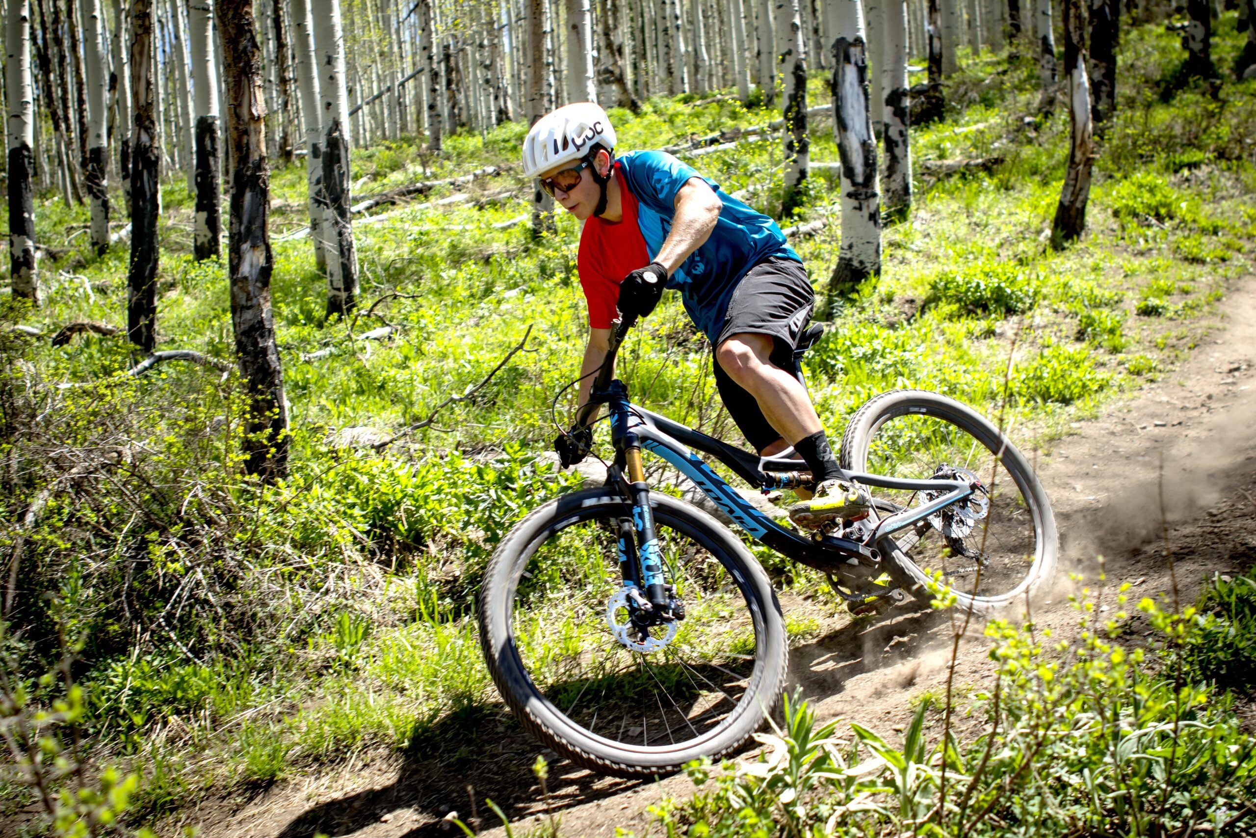 Pivot Mach 4: A mountain biker riding on a dirt trail surrounded by tall aspen trees, with green grass and foliage in the foreground. The rider is leaning into a turn, wearing a helmet and sunglasses, dressed in a blue and red shirt and black shorts. Dust is kicked up from the trail as the bike moves swiftly.