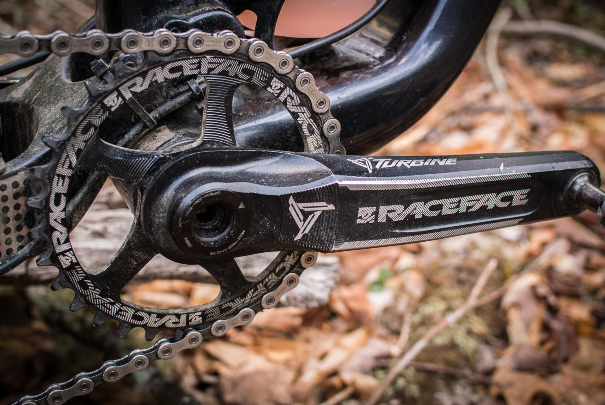 Rocky Mountain Element: Close-up of a mountain bike's crankset featuring a Race Face Turbine chainring and crank arm, showcasing a chain looped around the gear. The background includes fallen leaves and a natural outdoor setting, emphasizing an adventurous cycling atmosphere.