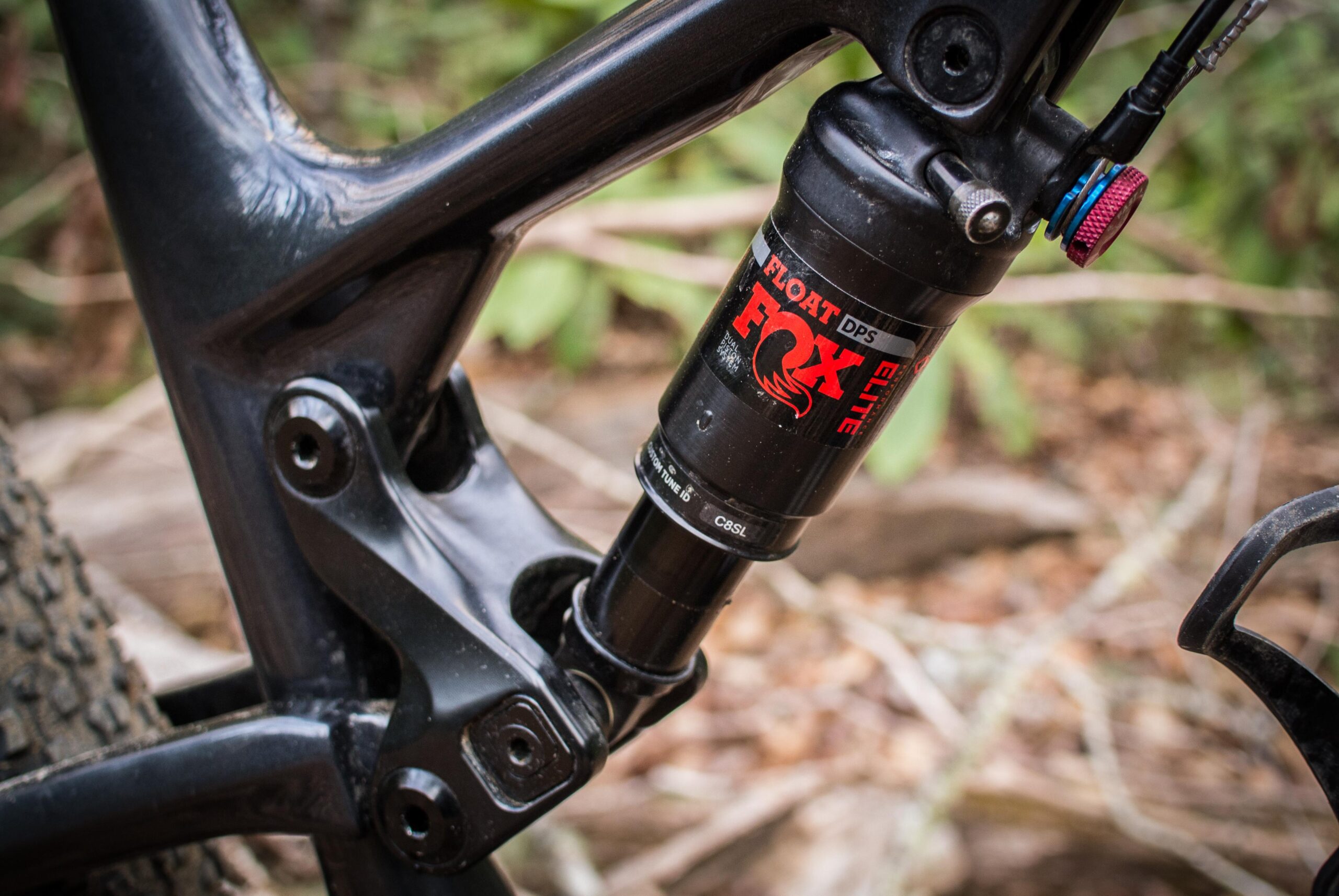 Rocky Mountain Element: Close-up view of a FOX Float DPS Elite shock mounted on a black bicycle frame, showcasing the suspension system components. The background features natural foliage, indicating an outdoor setting.
