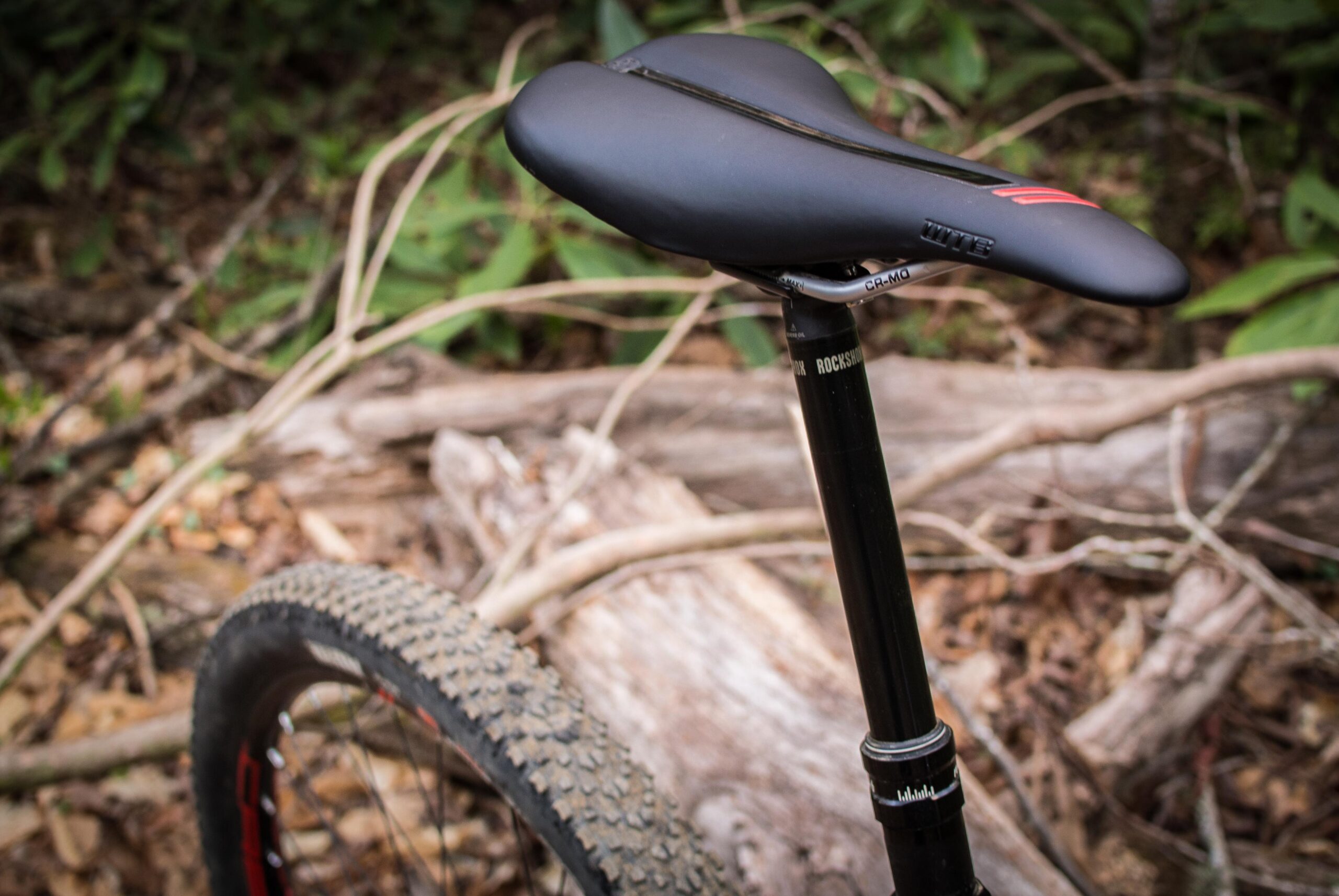 Rocky Mountain Element: Close-up of a black bike saddle mounted on a black seat post, set against a backdrop of forest floor debris, including fallen leaves and logs. The image captures the intricate design of the saddle, emphasizing its sleek form and the surrounding natural environment.