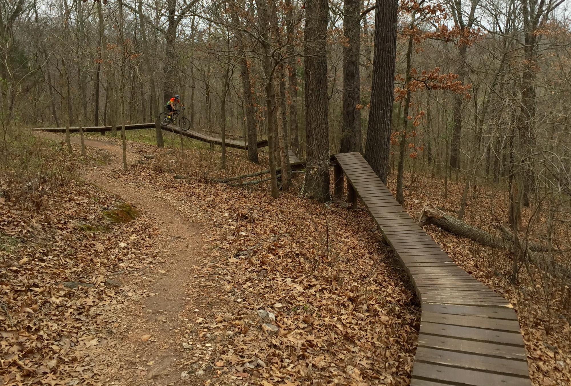 A mountain biker riding along a wooden bridge pathway through a wooded area, with scattered autumn leaves covering the ground. The path curves through trees, showing a mix of bare branches and remnants of fall foliage. Back 40 mountain bike trail.