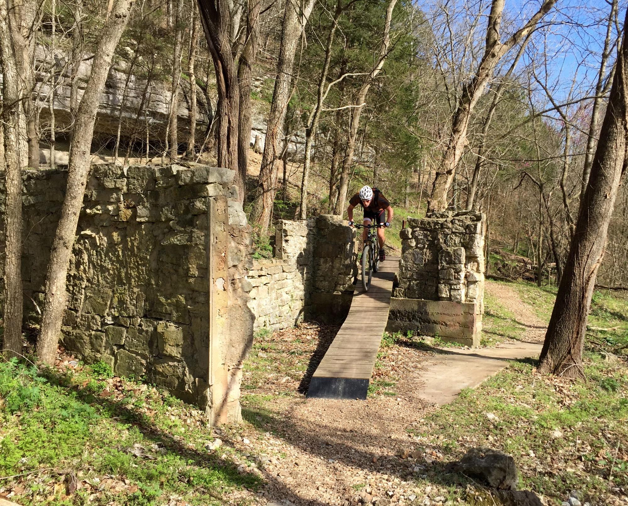 A mountain biker navigates a wooden bridge over remnants of stone walls in a wooded area, surrounded by trees and natural vegetation, on a clear, sunny day. Back 40 mountain bike trail.