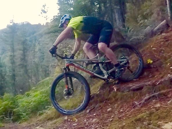 Salsa Pony Rustler Carbon XO1: A mountain biker wearing a helmet and a green-and-black jersey navigates a forest trail, leaning into a turn while riding over uneven terrain. Green foliage and trees surround the path, showcasing a natural outdoor setting.