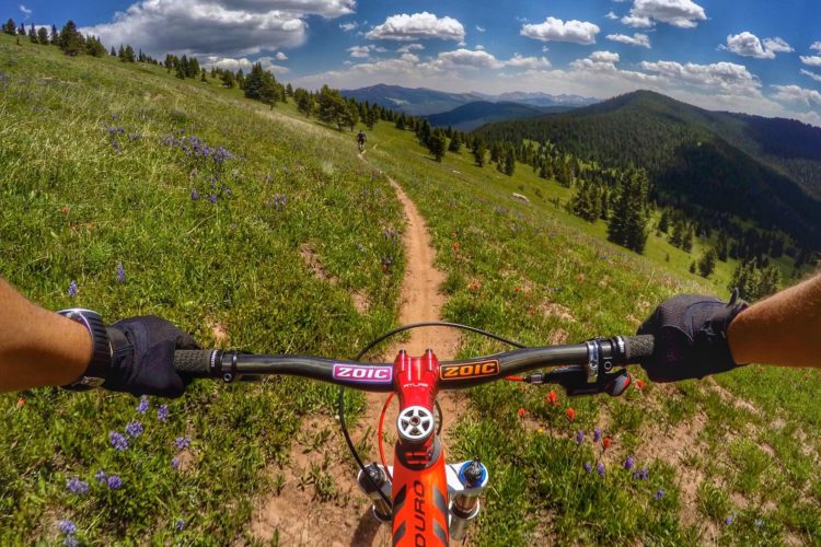 A mountain biker's perspective from the handlebars of a red bike, riding along a dirt trail through a lush green landscape filled with colorful wildflowers. The backdrop features rolling hills and distant mountains under a bright blue sky with scattered clouds.