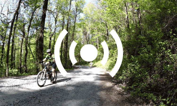 A person riding a mountain bike on a gravel trail surrounded by lush green trees, with sunlight filtering through the leaves. An abstract graphic symbol indicating live streaming is overlaid on the image.