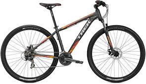Trek Marlin 5: Alt tag: "A black and orange Trek mountain bike with disc brakes and a sleek design, positioned on a white background."