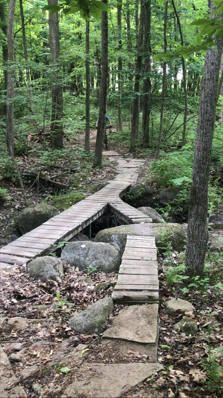 A narrow wooden bridge crosses over rocks and a small stream in a dense, lush forest. Green foliage surrounds the pathway, with trees providing dappled sunlight. In the background, a cyclist is seen navigating along the trail, adding to the serene outdoor atmosphere. Merrell Trail mountain bike trail.