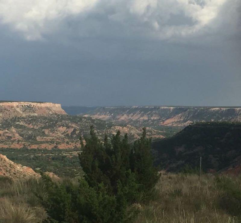 A scenic view of a canyon landscape with layered rock formations and rolling hills under a cloudy sky. In the foreground, green shrubbery contrasts with the earthy tones of the cliffs and valleys in the background. Palo Duro Canyon mountain bike trail.