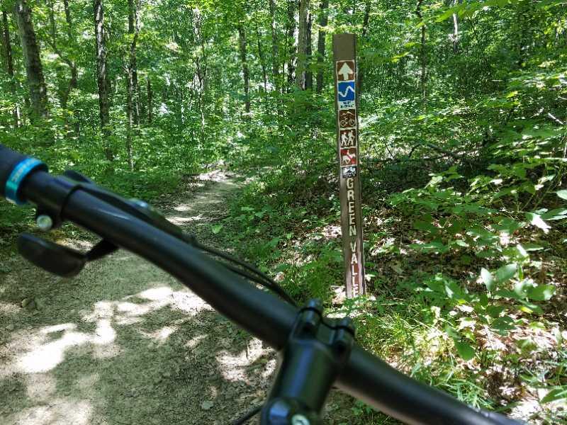 A mountain bike is in the foreground, with the handlebars visible, as it faces a dirt trail surrounded by vibrant green trees. A trail sign nearby indicates directions and activities, labeled "Green Valley." The sign features various symbols for hiking, biking, and other trail uses. The scene conveys a serene outdoor setting ideal for biking and exploring nature. Brown County Park mountain bike trail.