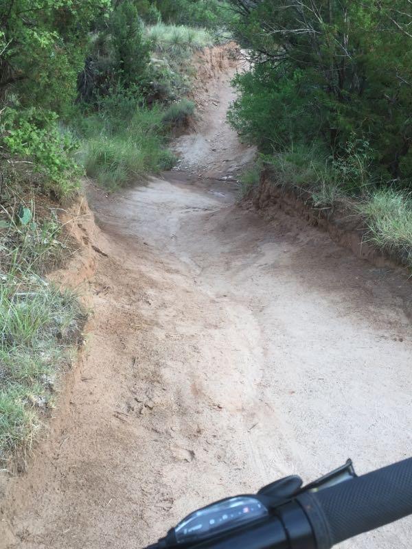 A narrow dirt trail winding through green vegetation, with a slight incline and sandy surface, viewed from the perspective of a cyclist's handlebars. Palo Duro Canyon mountain bike trail.