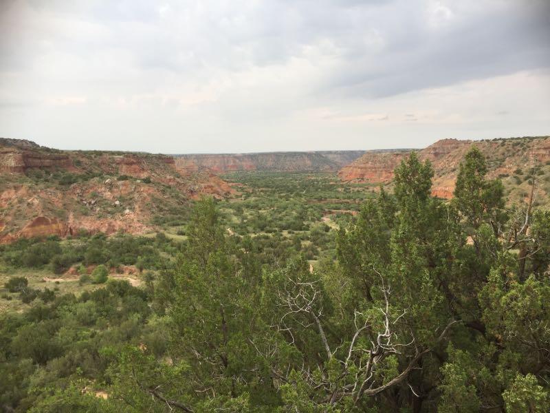 A scenic view of a vast canyon landscape, featuring red rock formations and a lush green valley below. The sky is partly cloudy, with hints of sunlight peeking through the clouds. Vegetation in the foreground includes leafy trees, framing the view of the canyon. Palo Duro Canyon mountain bike trail.