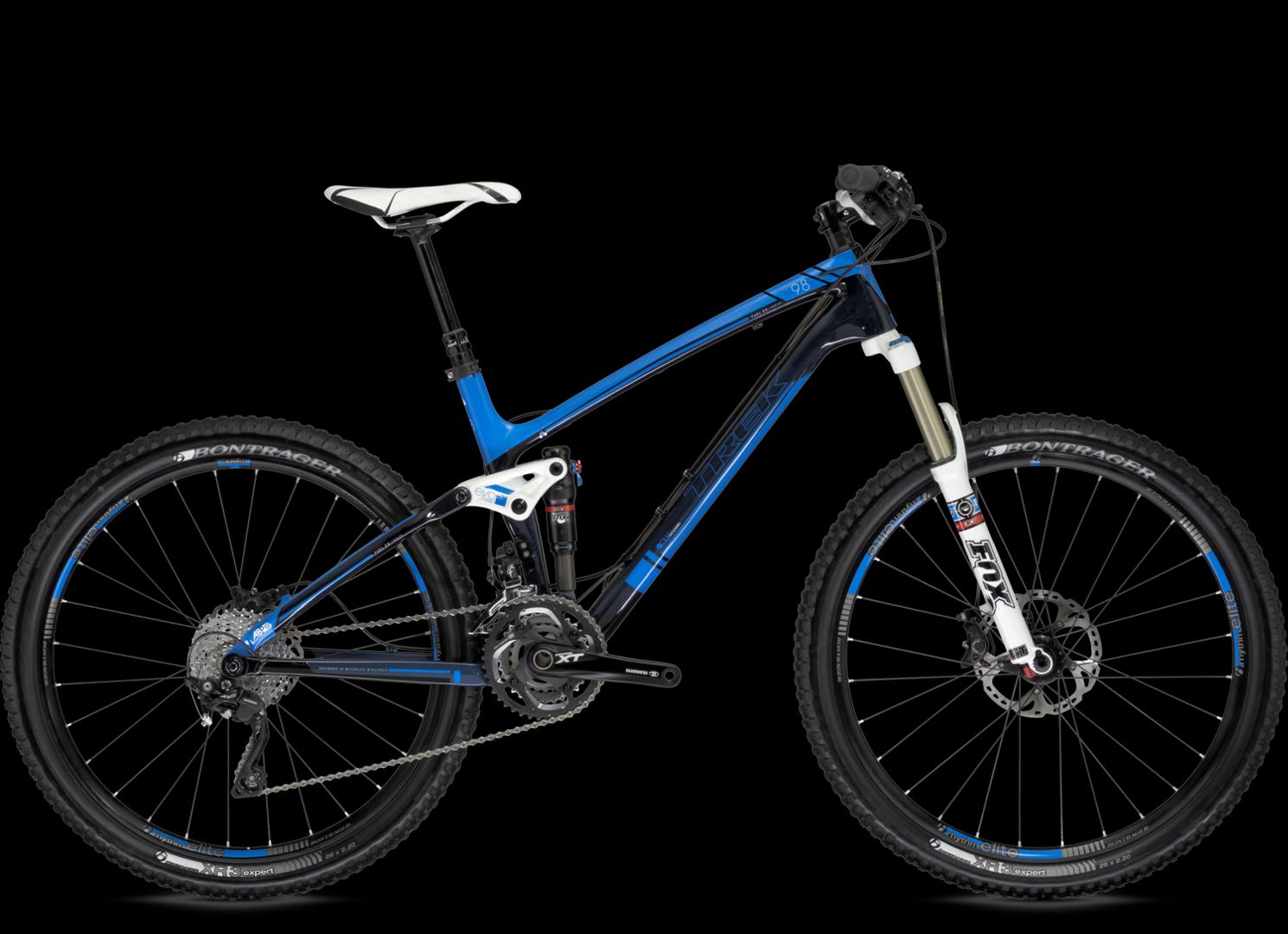 Trek Fuel EX 9.8: A blue and black mountain bike with a sleek design. The bike features a prominent suspension system, disc brakes, and a modern frame. It has a white seat and is set against a black background.
