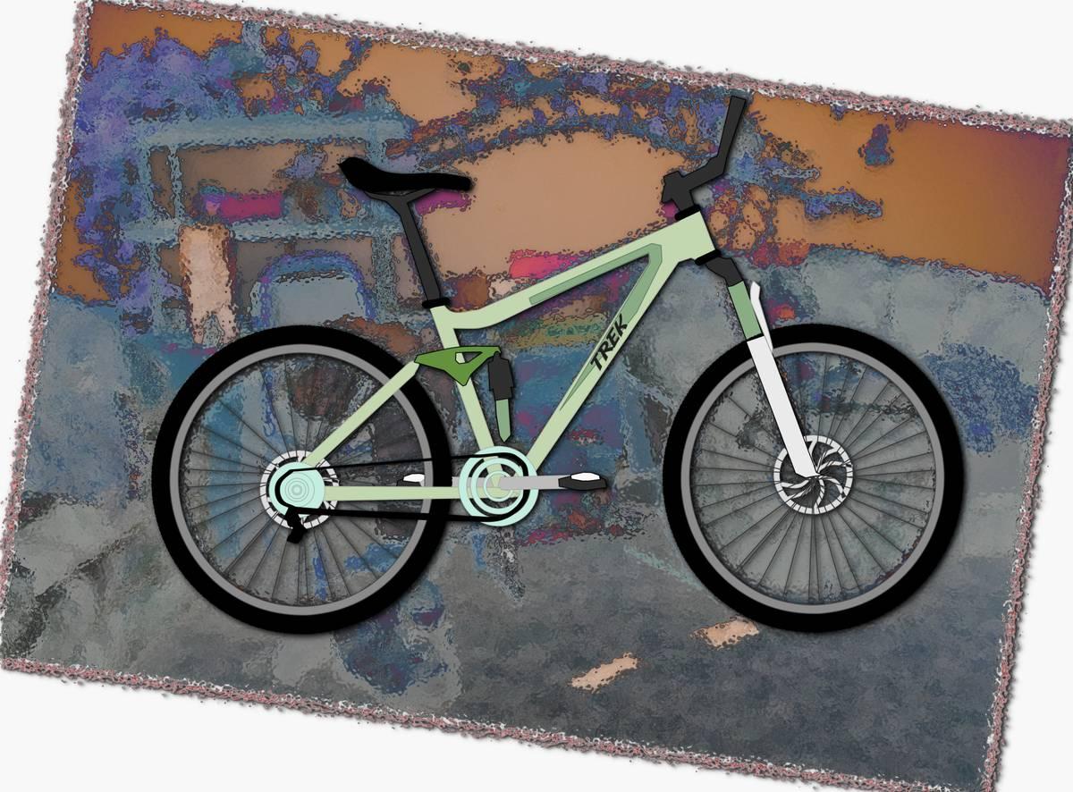 Trek Fuel EX 7: A digital illustration of a Trek mountain bike, featuring a light green frame, black wheels, and a white front fork. The background consists of abstract colors and textures, enhancing the bike's design.