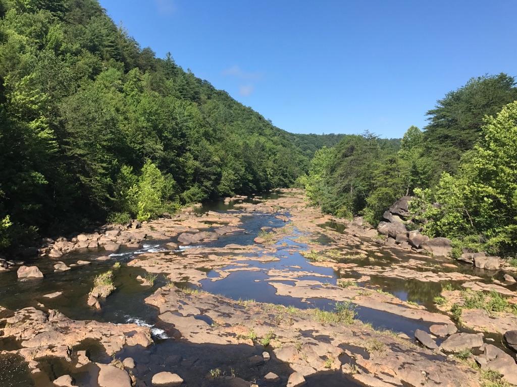 A serene river winding through a lush green landscape, with rocky outcrops and patches of water reflecting the sky, under a clear blue sky. Dense trees line the banks, creating a peaceful natural setting. Tanasi Trail System mountain bike trail.