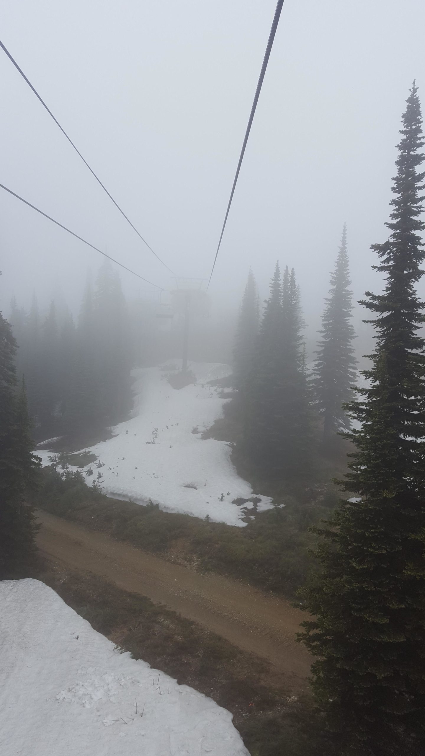 A foggy scene from a ski lift perspective, showing tall evergreen trees partially obscured by mist. Beneath the lift, patches of snow remain on the ground, while a dirt path winds through the landscape. The visibility is low due to the thick fog, creating a serene and atmospheric setting. Whitefish Mountain Resort mountain bike trail.