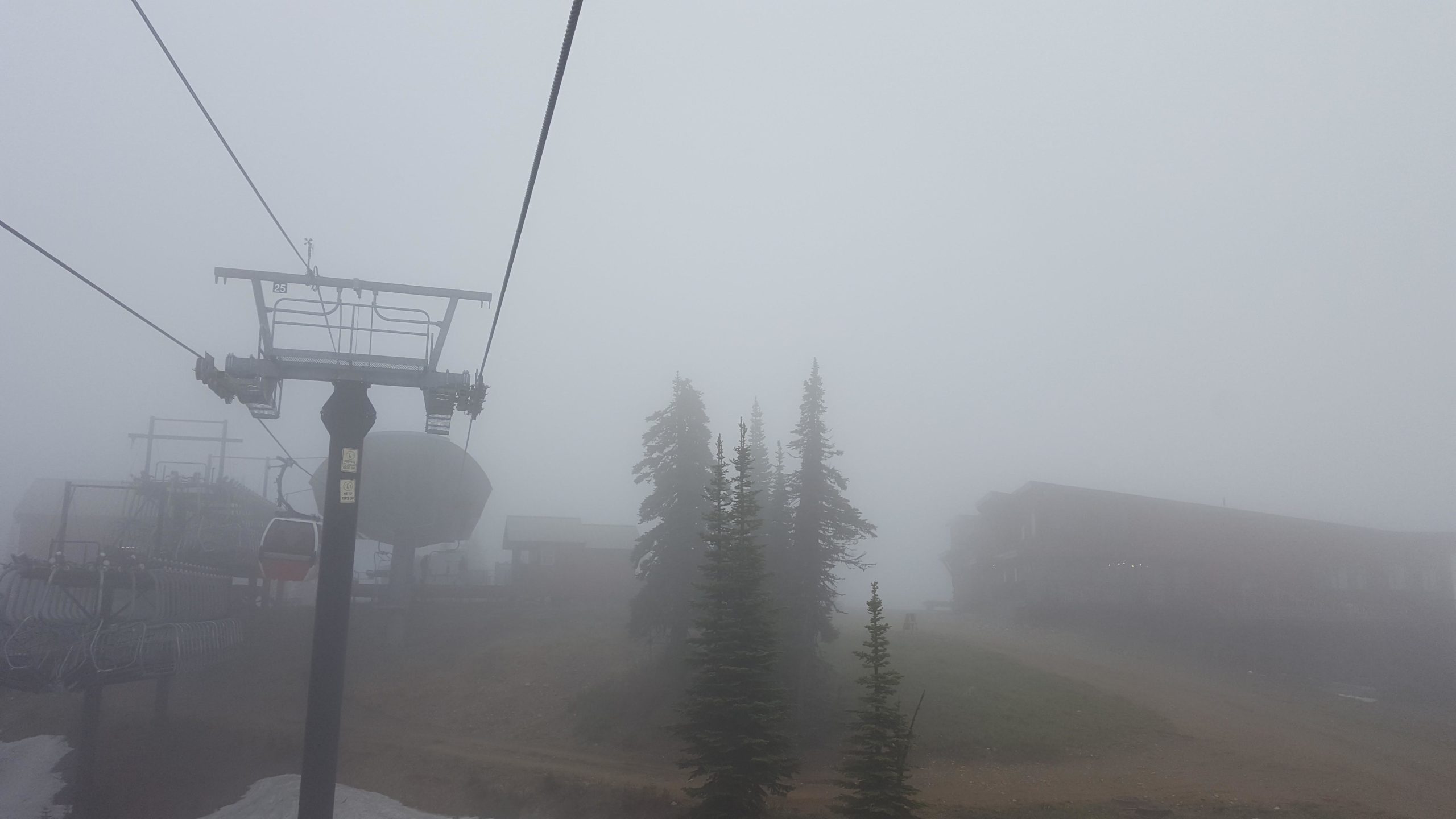 A foggy scene captured from a ski lift, featuring blurred outlines of pine trees and a building in the background, with cable lines above and a sense of low visibility. Whitefish Mountain Resort mountain bike trail.