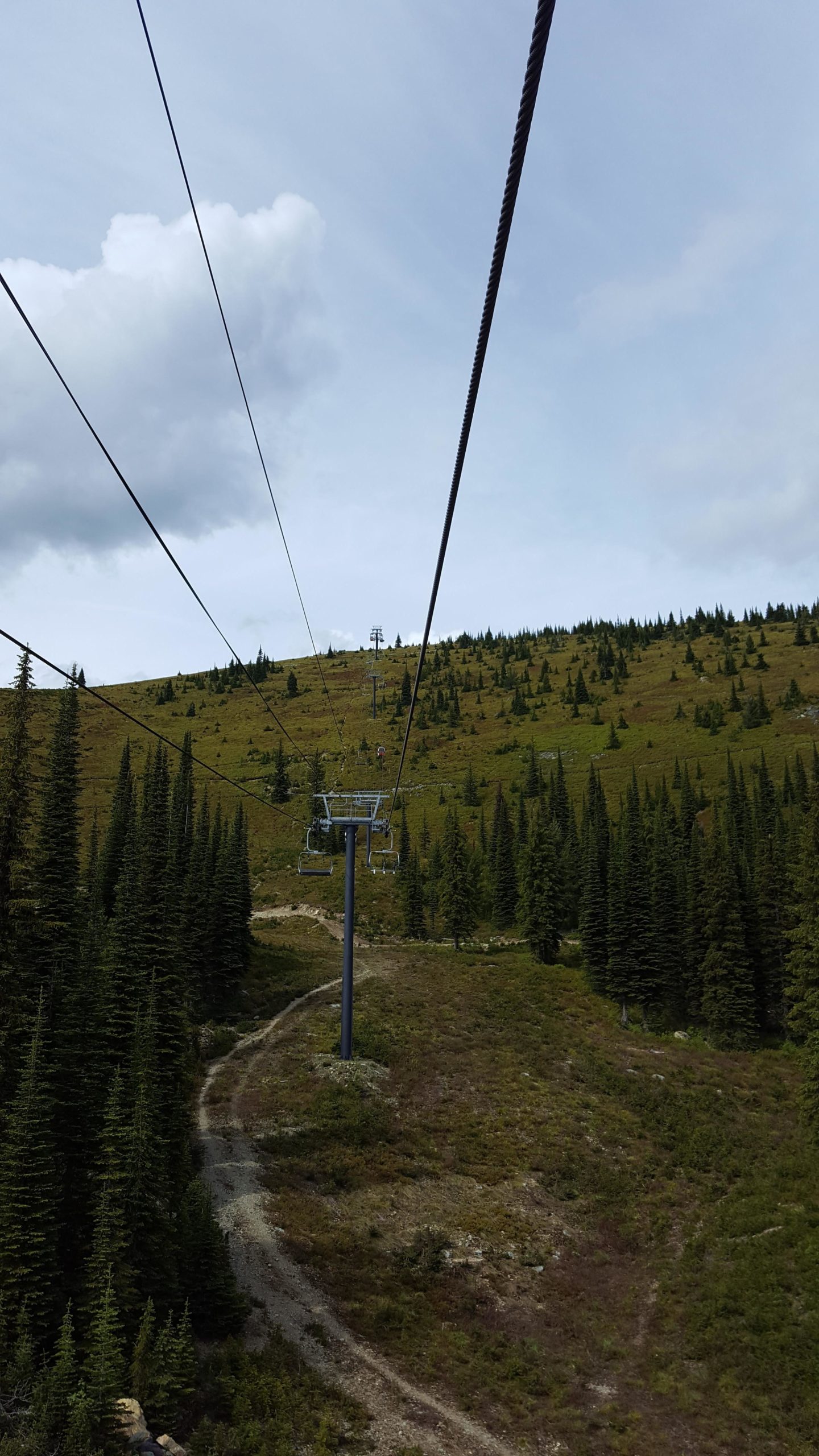 A view from a ski lift overlooking a mountainous landscape, featuring dense pine trees and a winding dirt path. The sky is partly cloudy, with a mix of blue and gray. The lift's cables stretch into the distance, leading to the top of the hill. Whitefish Mountain Resort mountain bike trail.
