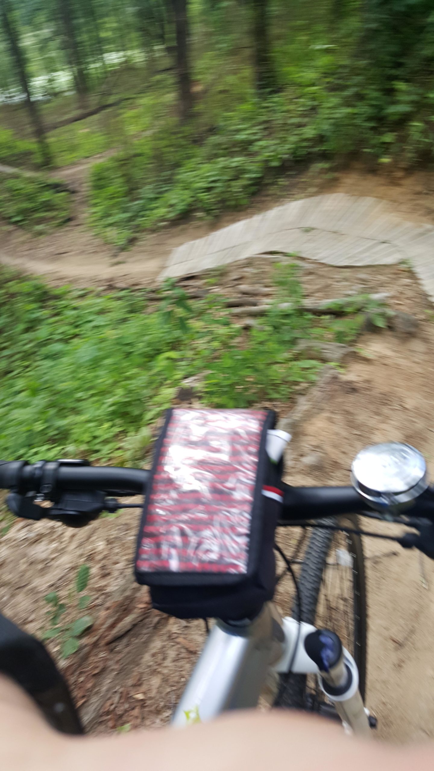 A close-up view of a bicycle's handlebars and a digital device mounted on them, with a blurred natural path in the background surrounded by greenery and trees. The scene captures a sense of adventure in a forested area, suggesting an outdoor biking experience. Fort Custer Recreation Area mountain bike trail.