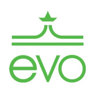 Green logo featuring the word "evo" in lowercase letters with a stylized crown and wave design above it.