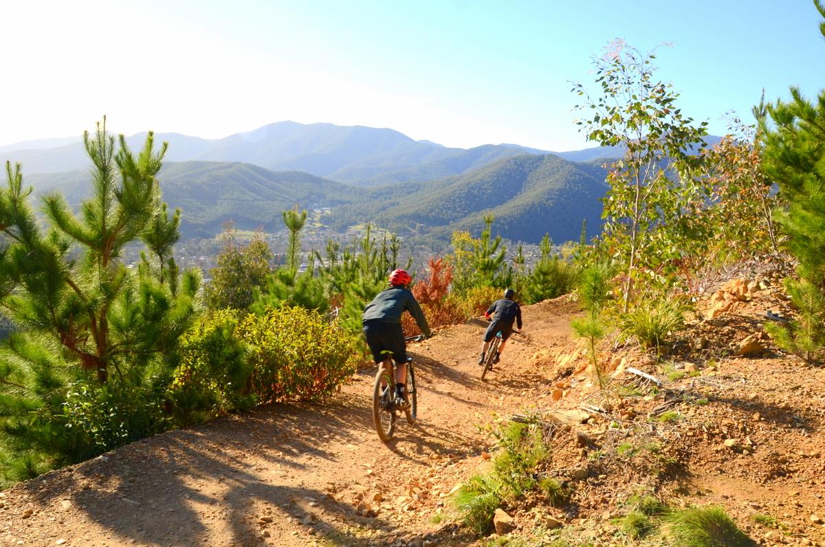 Two mountain bikers riding down a dirt trail surrounded by greenery and rolling hills. The background features a scenic mountain landscape under clear blue skies. The sunlight creates a warm glow over the scene, emphasizing the outdoor adventure. Hero Trail mountain bike trail.