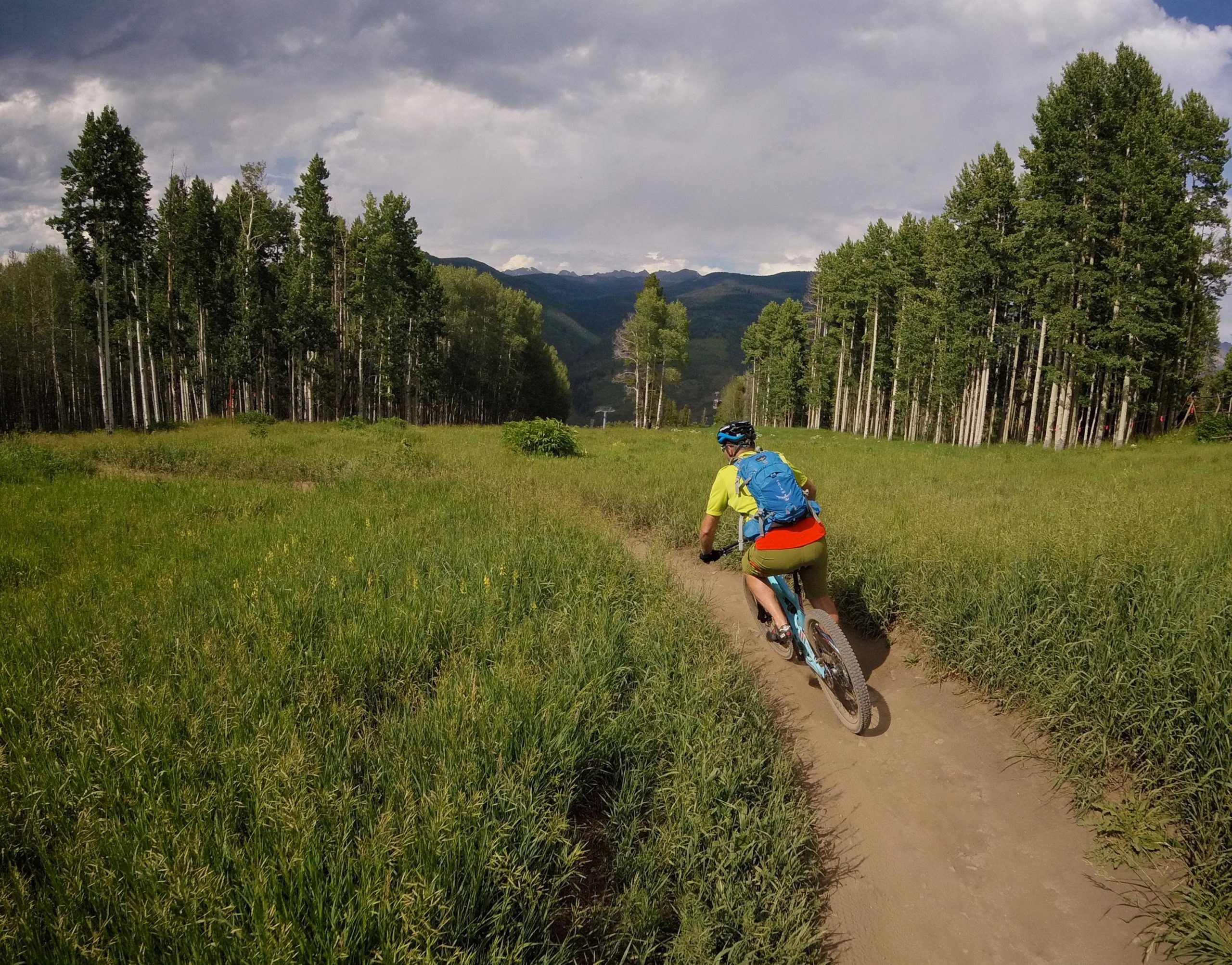 A person riding a mountain bike along a dirt trail surrounded by tall grass and trees, with a mountainous landscape in the background under a partly cloudy sky. Vail Mountain Bike Park mountain bike trail.