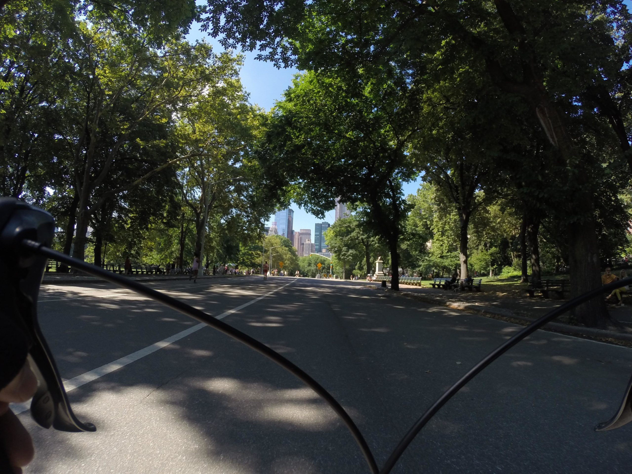 "Biking perspective view along a tree-lined path in a park, with tall buildings in the background and people enjoying the outdoors." West Street Greenway mountain bike trail.
