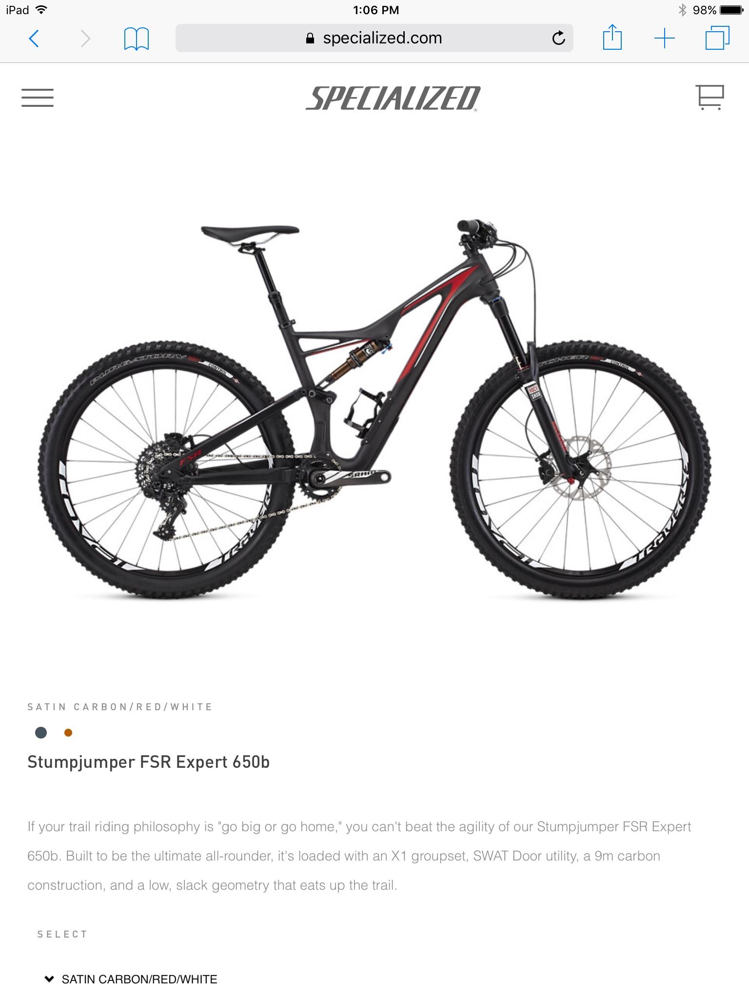 Specialized Stumpjumper FSR Expert Carbon 650B: A black and red Specialized Stumpjumper FSR Expert 650b mountain bike, featuring a lightweight carbon frame, a modern design with a slack geometry, and equipped with an X1 groupset and SWAT Door utility. The bike stands with its two tires, highlighting its off-road capabilities.