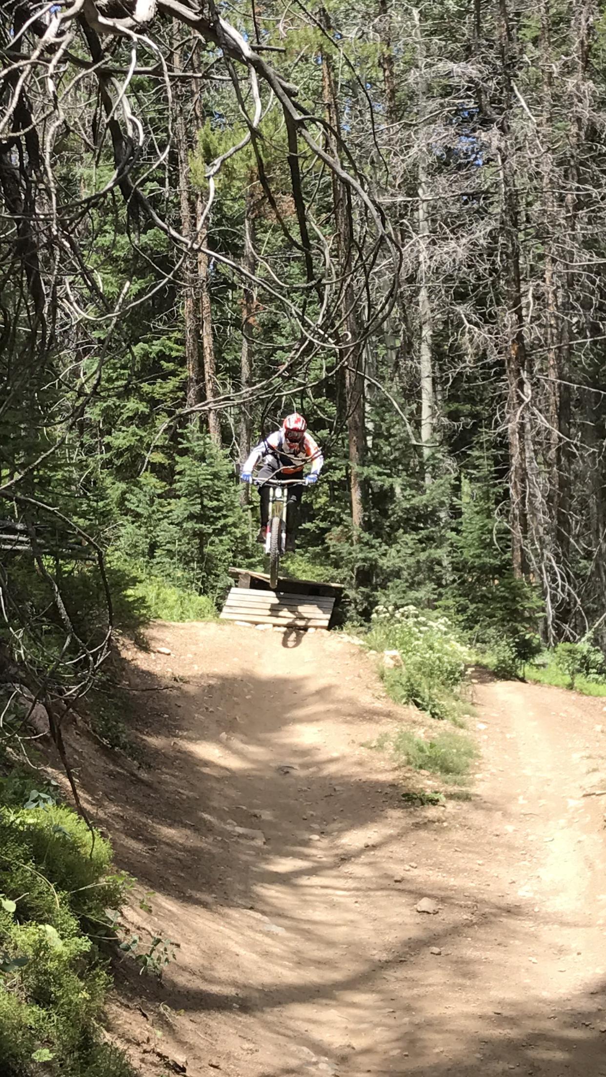 A mountain biker in mid-air, jumping off a wooden ramp on a dirt trail surrounded by tall trees and greenery. The rider is wearing protective gear and a helmet while showcasing an impressive trick against a backdrop of a dense forest. Trestle Bike Park mountain bike trail.