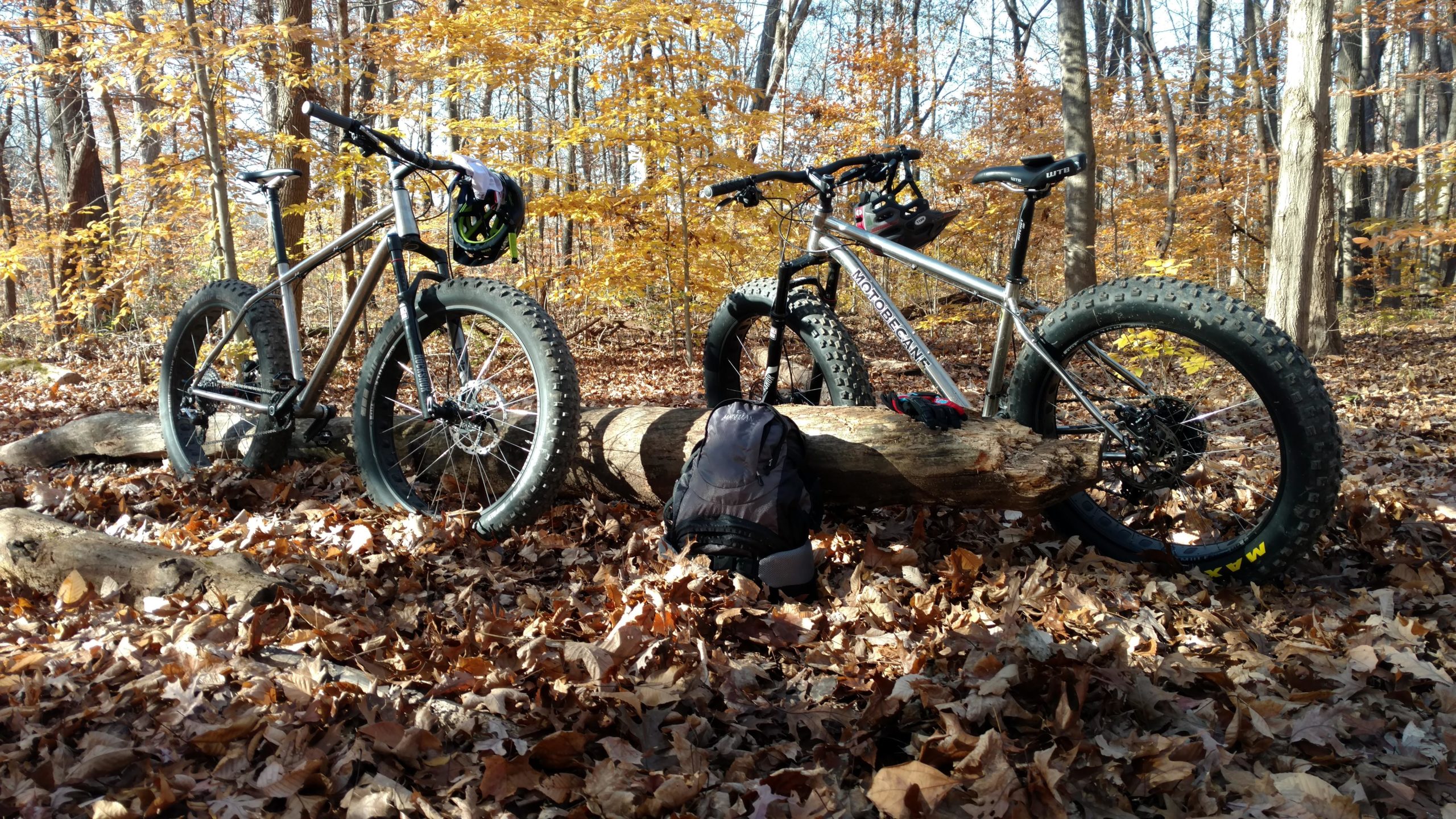 Two fat bikes with large tires are leaning against a log in a wooded area covered with fallen leaves. The background features autumn foliage with vibrant orange and yellow leaves. A small backpack is placed on the ground near the log, creating a serene outdoor scene ideal for biking. Kickapoo mountain bike trail.