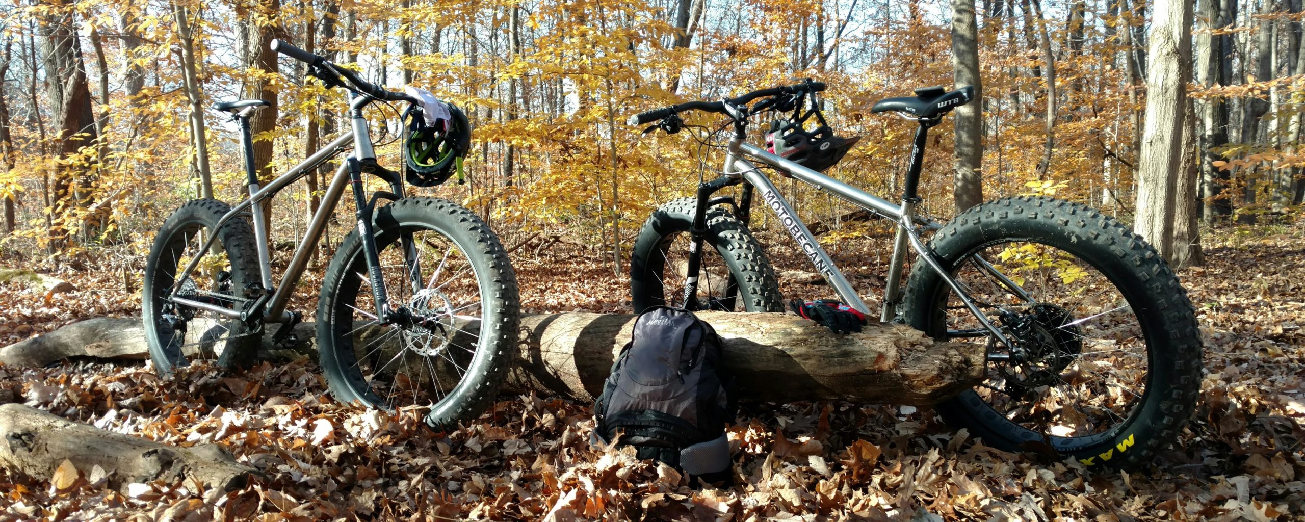Two mountain bikes with fat tires are leaning against a log in a forest setting. The background features autumn trees with yellow leaves, and a backpack along with a pair of gloves can be seen on the ground. The scene captures a vibrant fall day, highlighting the natural beauty of the outdoors. Kickapoo mountain bike trail.
