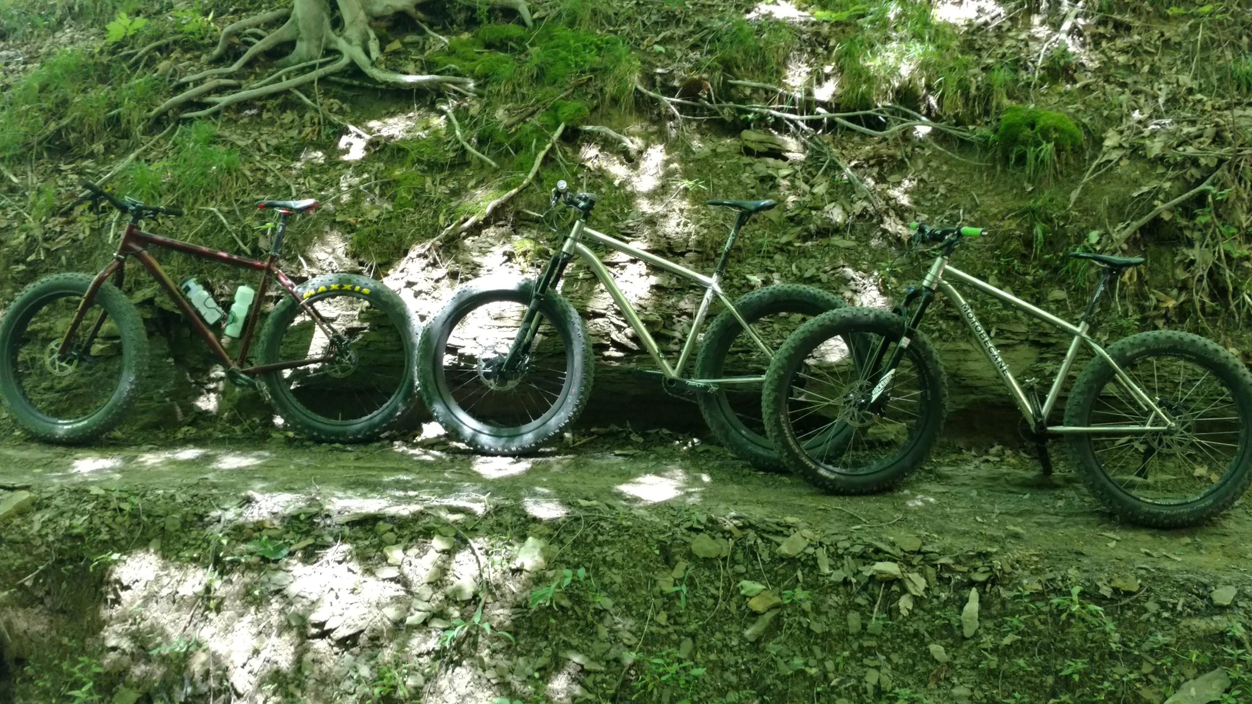 Three bicycles are positioned on a dirt path surrounded by lush green foliage and rocky terrain. The first bike is a maroon mountain bike with two water bottles attached to its frame. The second bike, a silver-colored model, has a more rugged design. The third bike features thick tires, characteristic of a fat bike. Sunlight filters through the trees, casting dappled shadows on the ground. Brown County Park mountain bike trail.