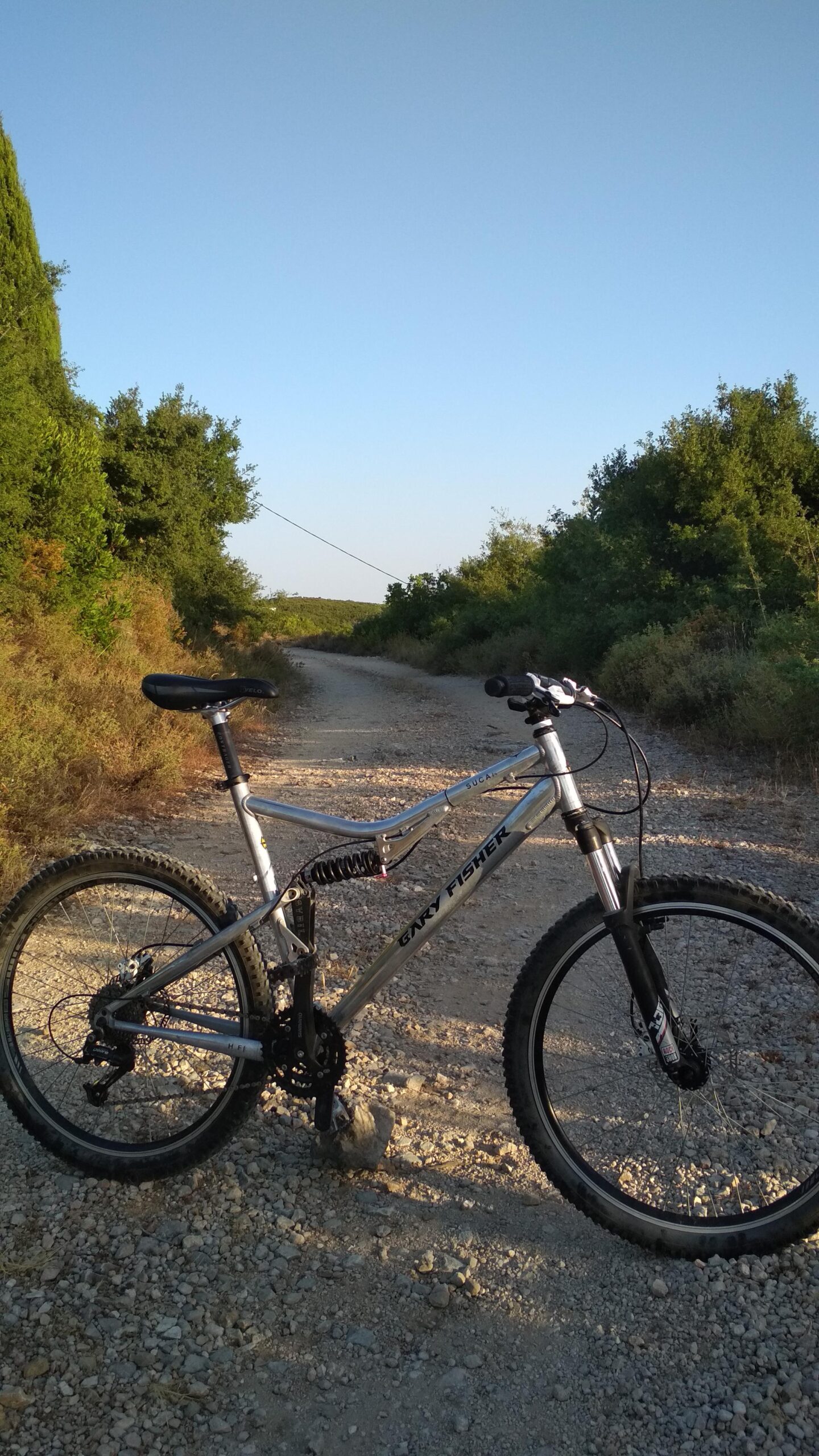 Gary Fisher HiFi: A silver mountain bike parked on a gravel trail, surrounded by green bushes and trees, with a clear blue sky above.