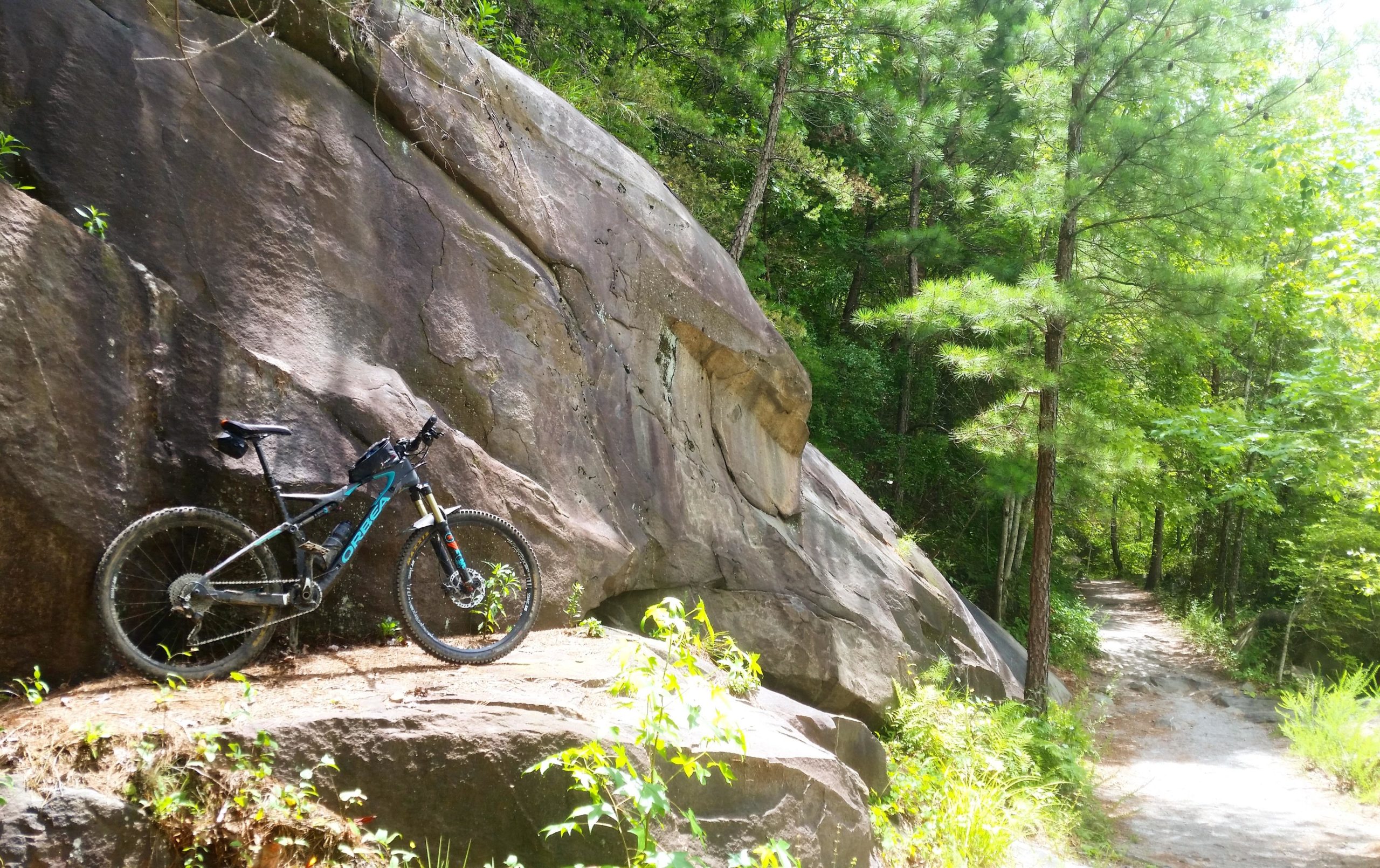 A mountain bike leaning against a large rock formation on a narrow dirt trail surrounded by lush greenery and trees. Tanasi Trail System mountain bike trail.