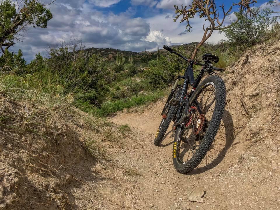 A black mountain bike leaning against a dirt trail, surrounded by green vegetation and hills under a partly cloudy sky. The bike features thick tires designed for off-road terrain. 50-year Trail / Golder Ranch mountain bike trail.