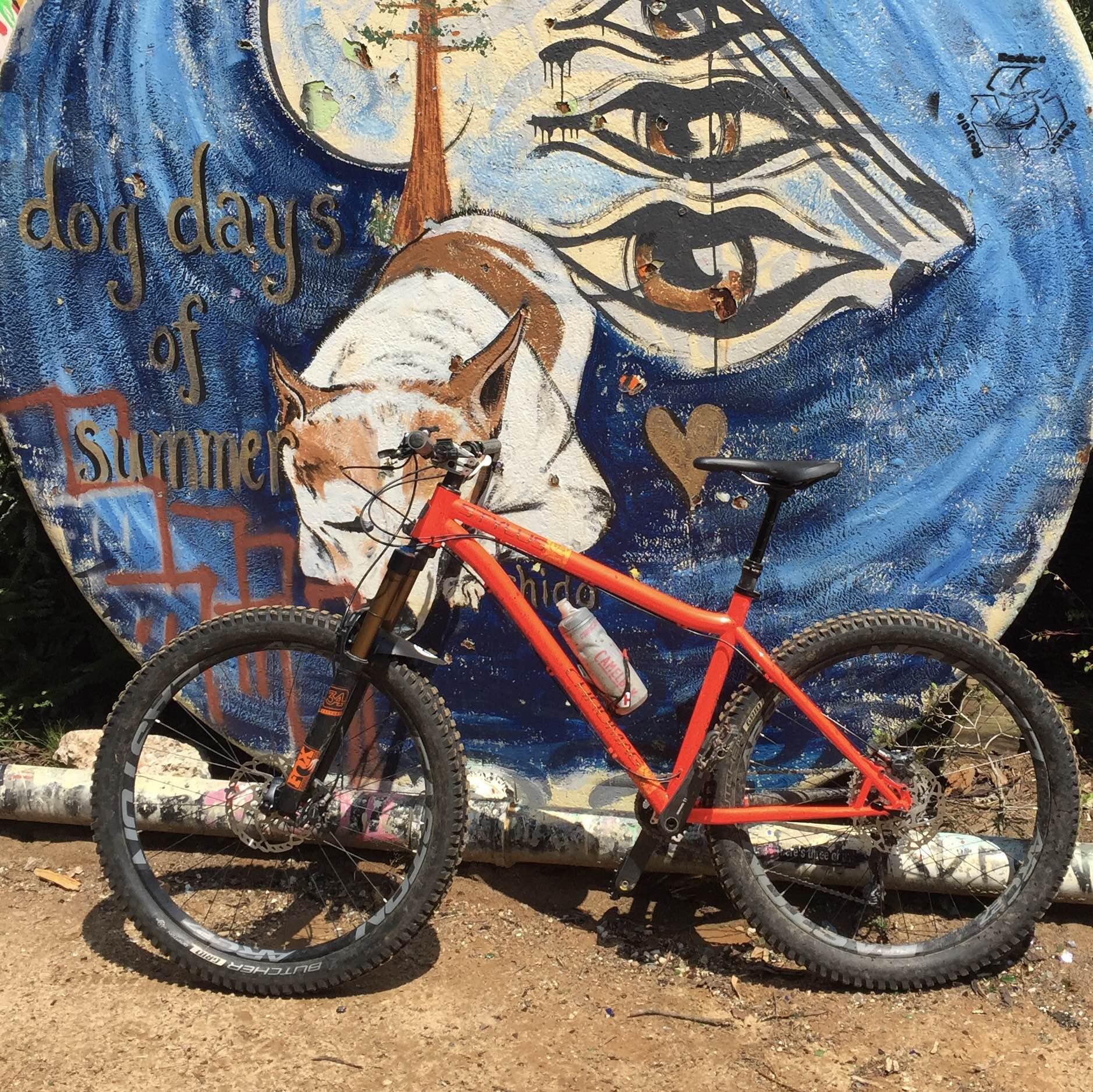 Chromag Stylus: A bright orange mountain bike leaning against a colorful mural depicting a dog, trees, and abstract eyes, with the text "dog days of summer" visible. The background features shades of blue and various artistic elements.