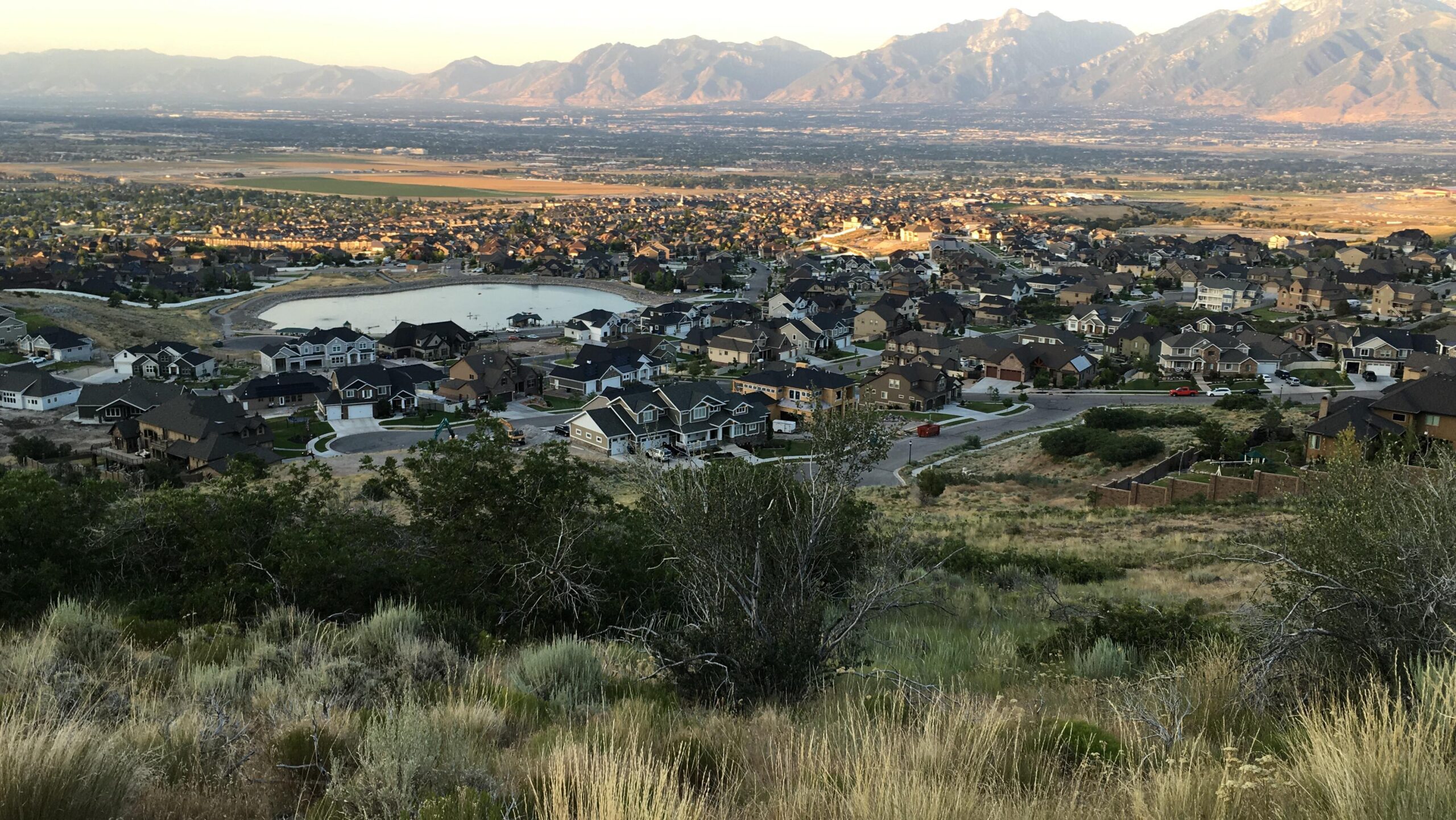 Santa Cruz Nomad: A panoramic view of a suburban neighborhood situated on a hillside, with numerous homes featuring varied architectural styles. In the foreground, shrubs and grass are visible, blending with the natural landscape. In the background, the cityscape extends towards distant mountains under a clear sky, with fields and a small body of water nearby, indicating a tranquil suburban setting.