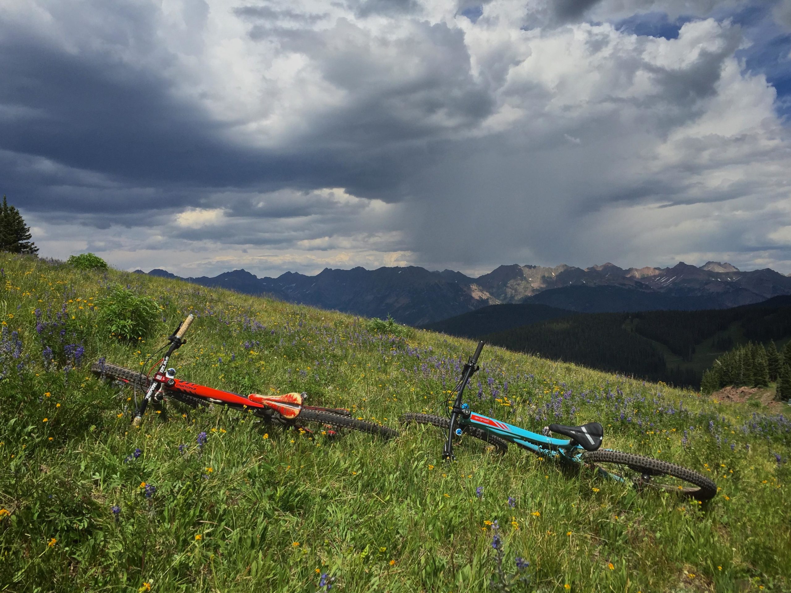 Two mountain bikes, one red and one teal, are lying on a grassy hillside adorned with wildflowers. In the background, dramatic storm clouds loom over a range of mountains, while patches of green forest are visible in the valley below. Vail Mountain Bike Park mountain bike trail.