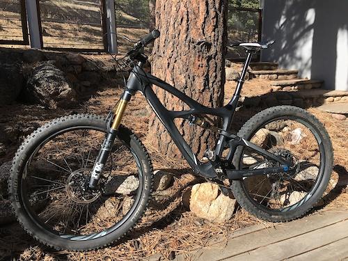Ibis Mojo 3: A black mountain bike leaning against a tree, surrounded by pine needles and a rocky outdoor setting. The bike features thick tires and a front suspension fork, with a clear view of its frame and components. Sunlight illuminates the scene, highlighting the textures of the bike and the natural surroundings.