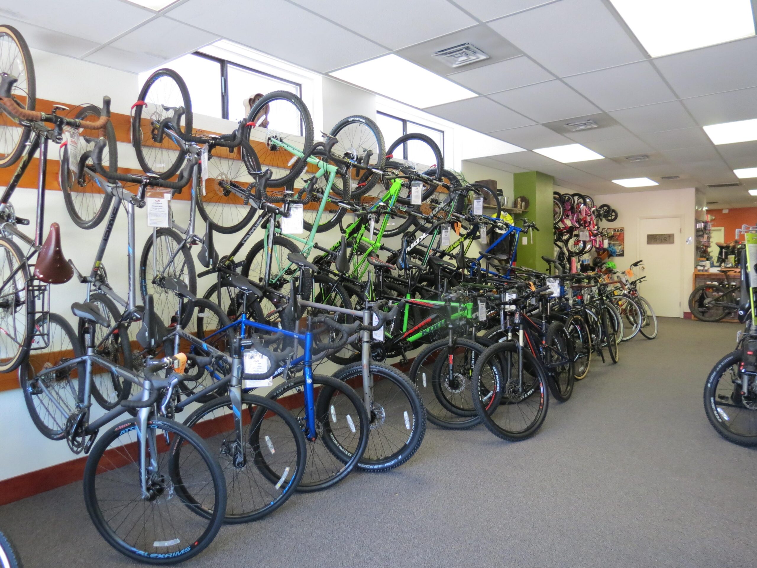 A well-organized bike shop interior featuring a variety of bicycles displayed on racks and on the floor. The bikes include road, mountain, and hybrid models in different colors, with price tags attached. The shop has a light-colored carpet and bright lighting, creating an inviting atmosphere for customers.