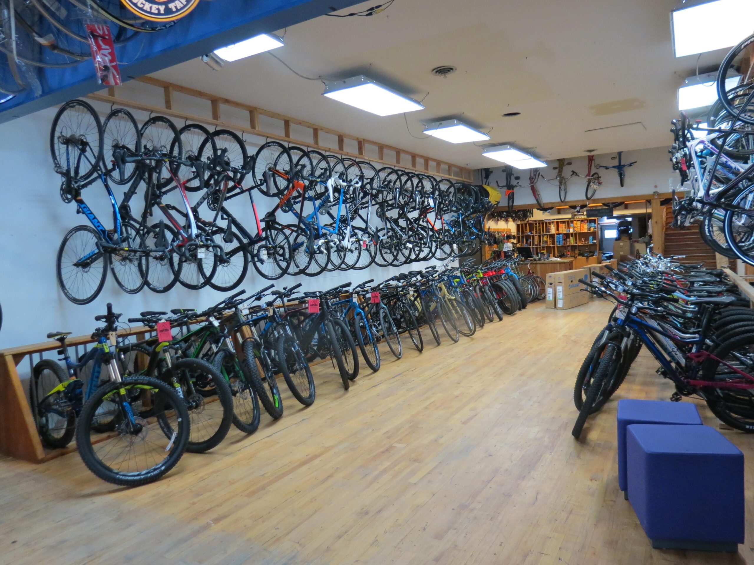 An interior view of a bike shop showcasing a variety of bicycles. The left side of the image features multiple mountain bikes lined up on a display, while the right side displays additional bikes. The wall in the background is adorned with more bicycles hung vertically. The shop has wooden flooring and bright overhead lighting, creating a welcoming atmosphere.