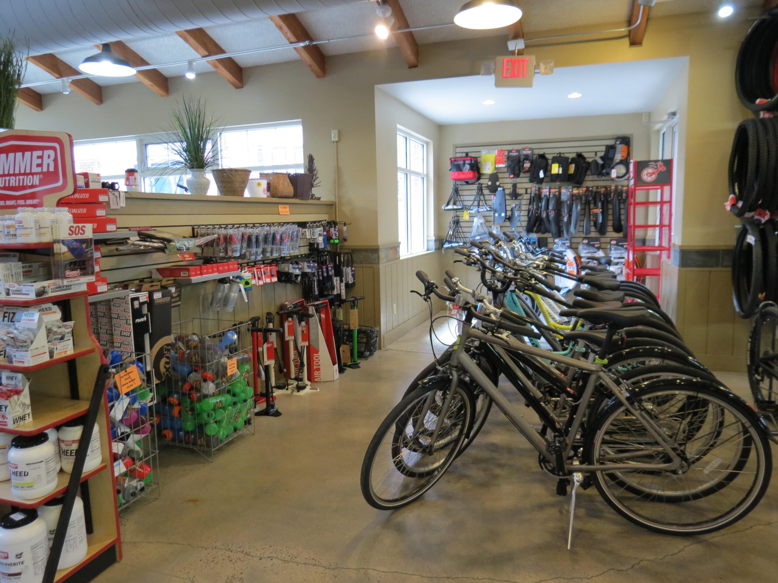 A well-lit bike shop interior showcasing a selection of bicycles on display. On the left, there are shelves with various cycling accessories and nutrition products. The right side features a wall of assorted bike tires and repair tools. Natural light filters in through windows, adding to the inviting atmosphere.