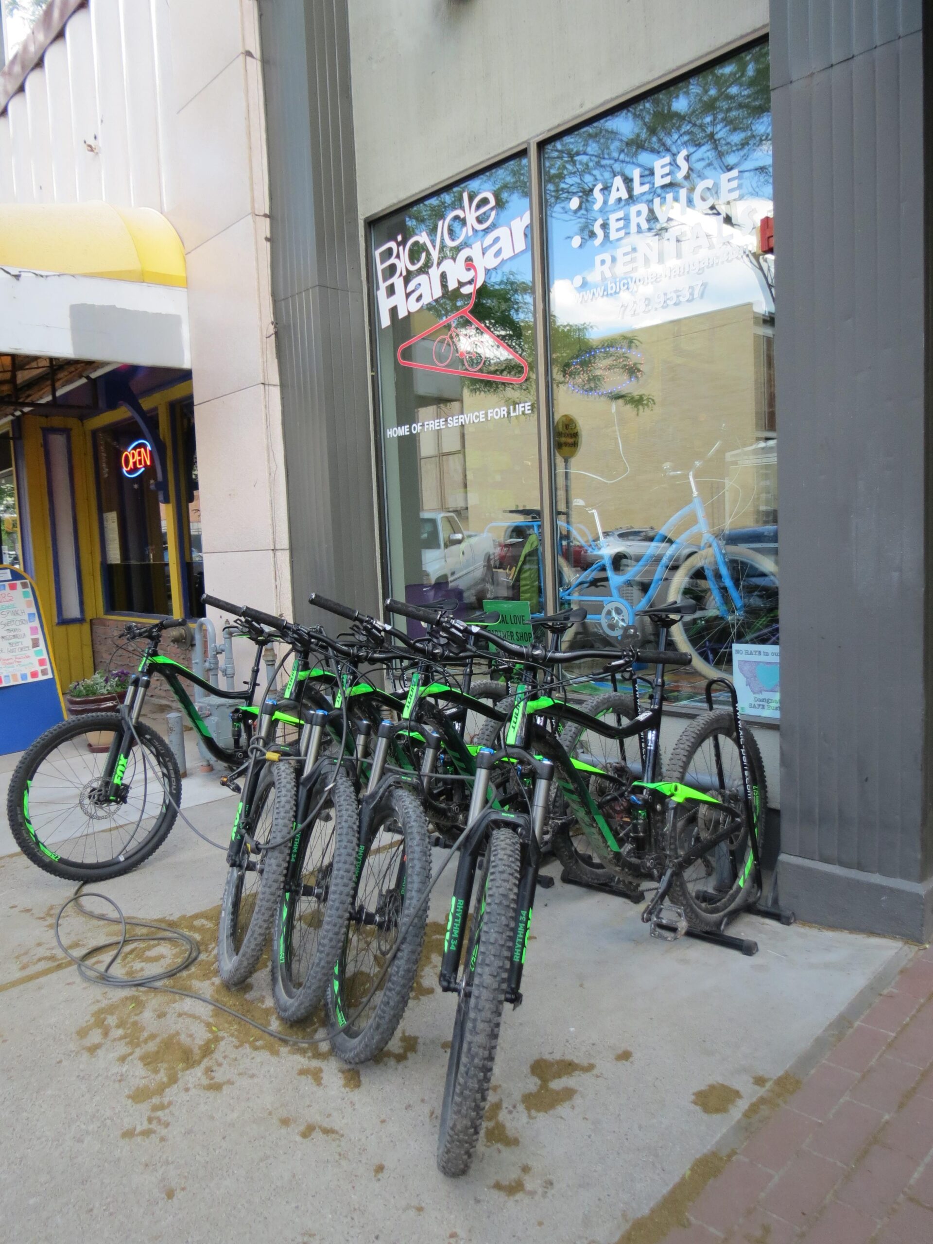 Bicycles with black frames and green accents are parked in front of a shop window displaying the sign "Bicycle Hangar," which advertises sales, service, and rentals. The window also states "Home of Free Service for Life." The scene features a well-kept sidewalk and a colorful storefront on the left.